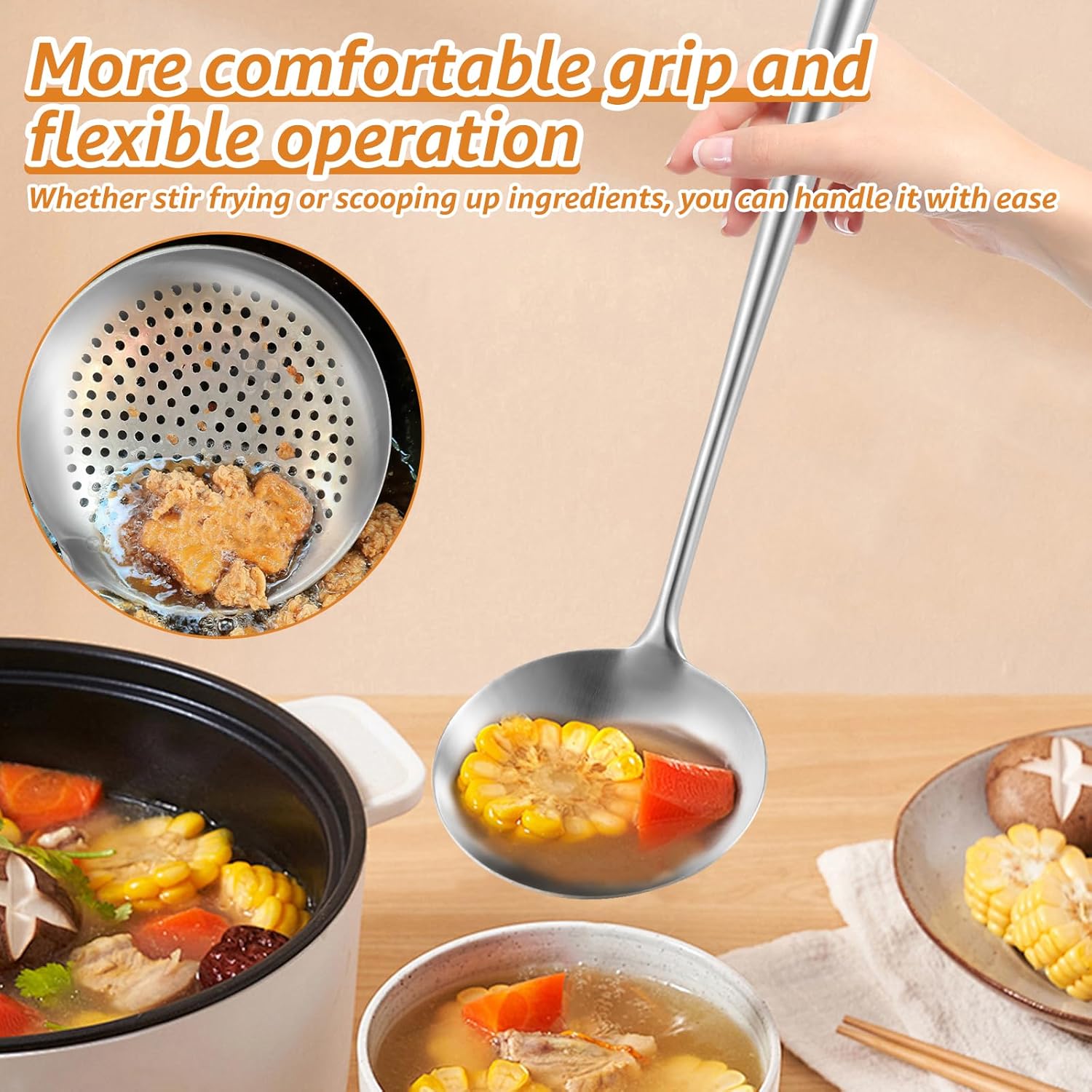 Stainless Steel Cooking Utensils Set, Solid Wok Spatula and Ladle Kit, Smooth Spatula Ladle Skimmer Spoon for Kitchens