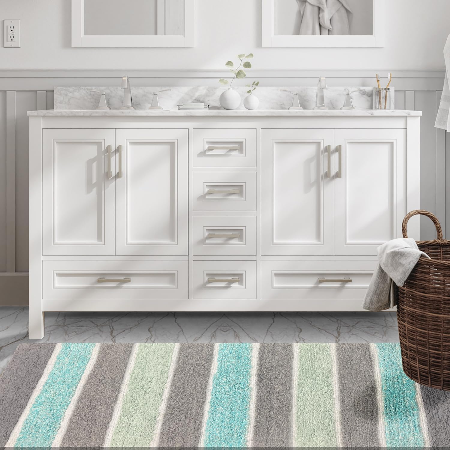 Chardin home Cordural Stripe Bath Rug Runner with Skid Resistant Latex Spray Underneath. Mint Green/Grey, 24" W x 60'' L image 2