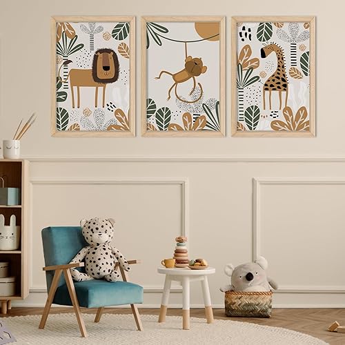 Miniatura 5 de YWJKWLGS Decoración de pared de safari para bebé, 16 x 11 pulgadas, juego de 3 bonitos carteles de estampado de jirafa, mono y león, marco de madera