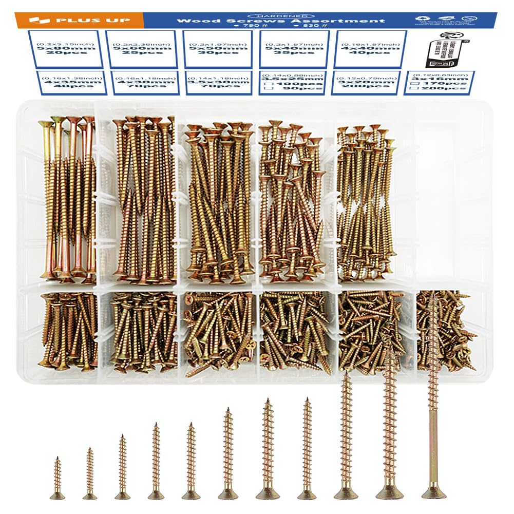 Wood Screws Assortment, 830Pcs M5-M3 80-16MM Extra Strong Large Zinc Plated Screw Set, Assorted Screws for Wood Fences Doors
