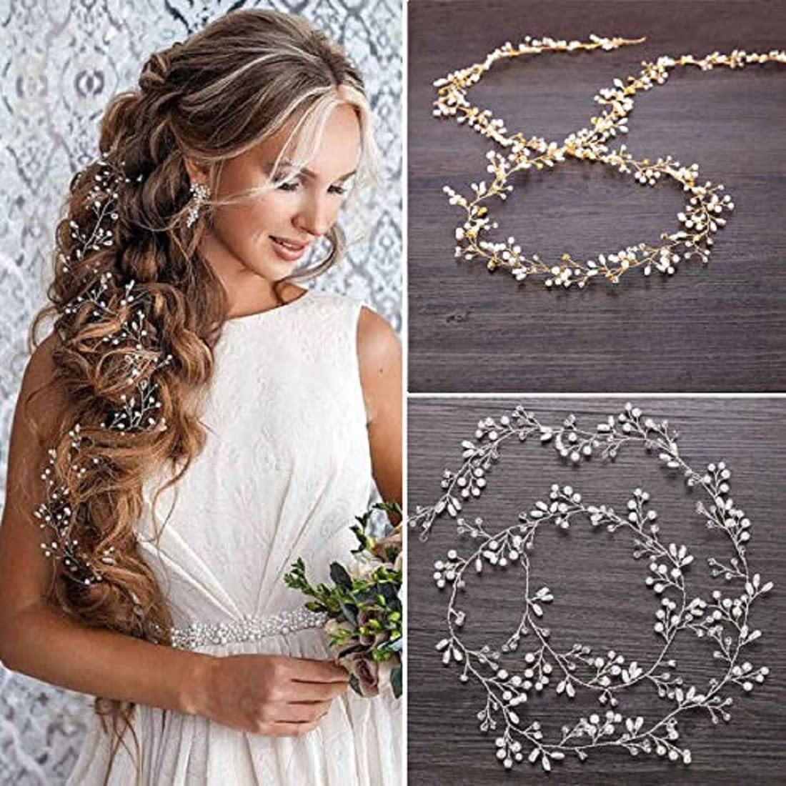 ROSEFINCH Bridal Hair Vines Crystal Wedding Headpiece, 45 CM Handmade Crystal Pearl Evening Party Headpiece Head Band Bride Wedding Hair Accessories for Bridesmaid and Flower Girl - gold.