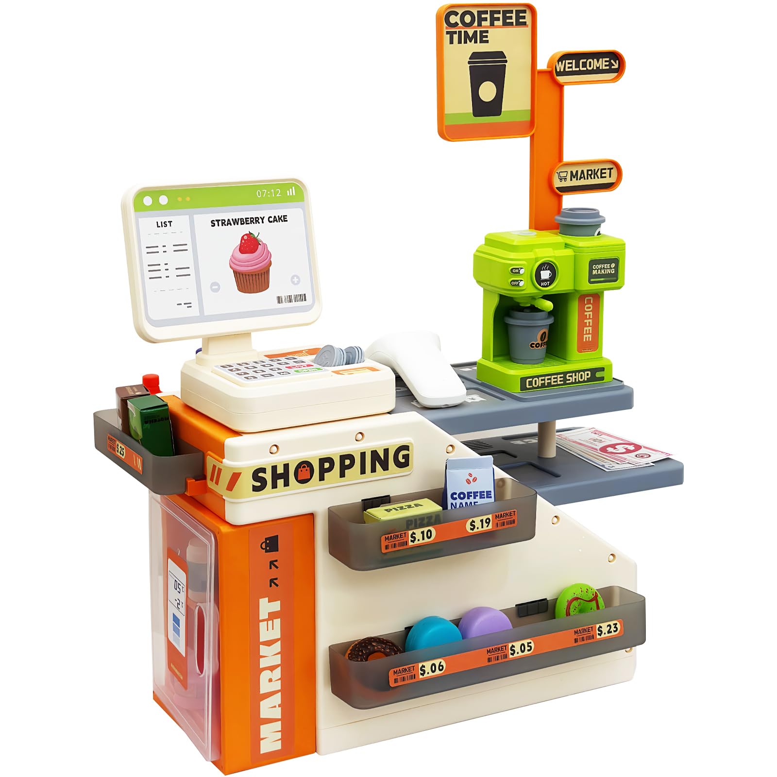 Caisse Enregistreuse Enfant 46 Accessoires – Scanner Lumineux, Machine à Café, Supermarché, Jeu De Rôle 3+