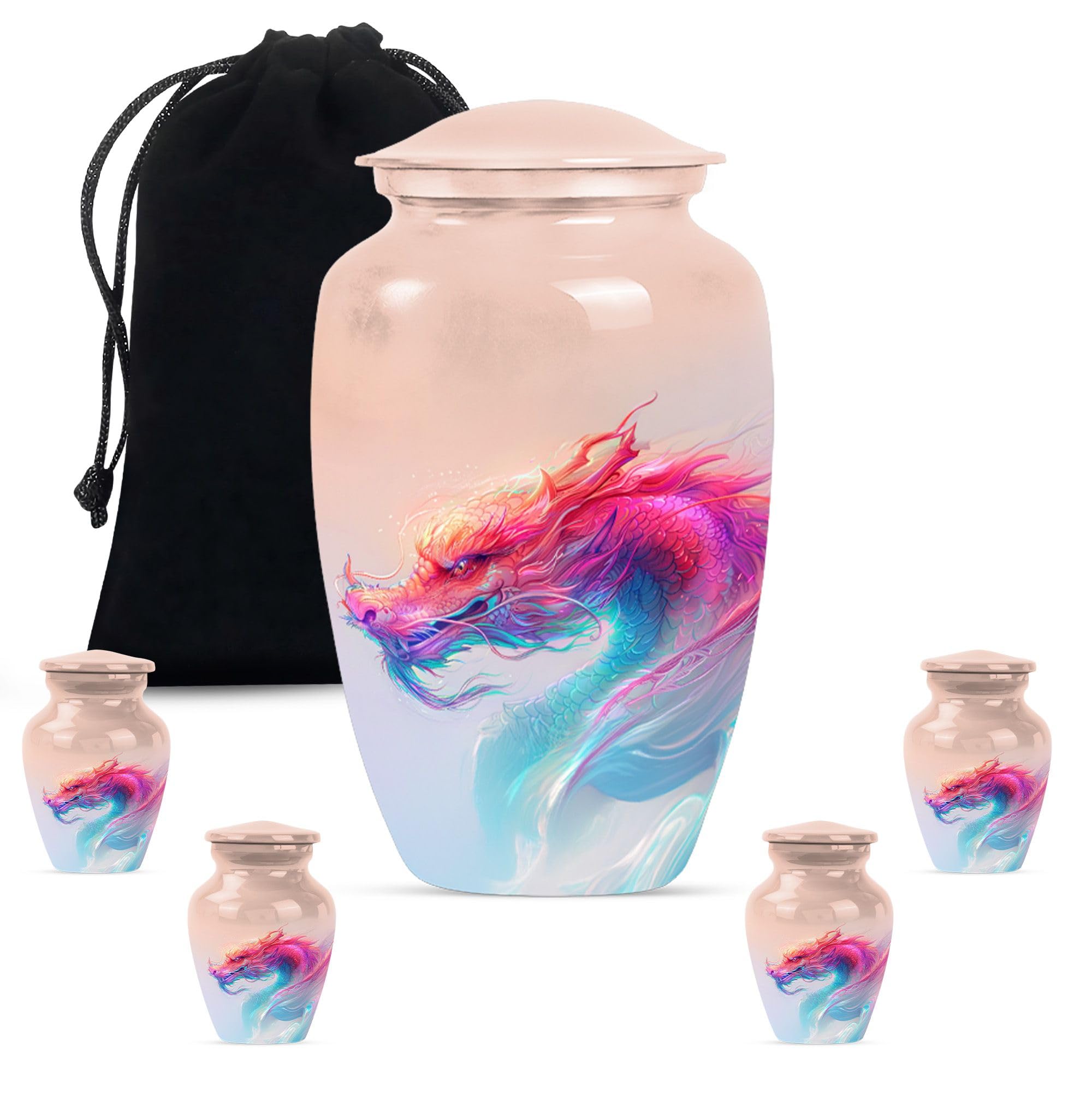 YATHABHISA Dragon Urn, Funeral Urns - Burial Urns - Combo of 1 Large Urn with Velvet Bag and 4 Small - Urn for Male & Female Ashes - Decorative Urns for Friends - Adult Urns - Keepsake Urns, Black โ image 1
