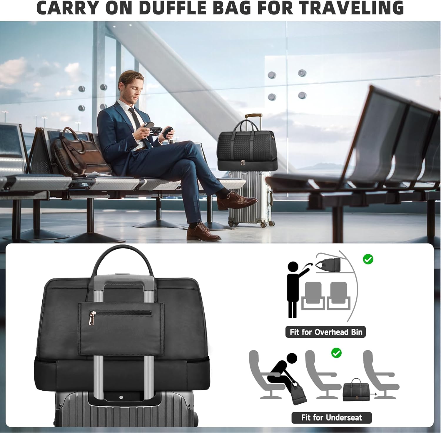 Bolosta Travel Duffle Bag for Men Women, PU Leather Duffel Bag for Traveling, Large Carry on Weekender Overnight Bag with Shoe Compartment, Perfect for Travel/Daily Use