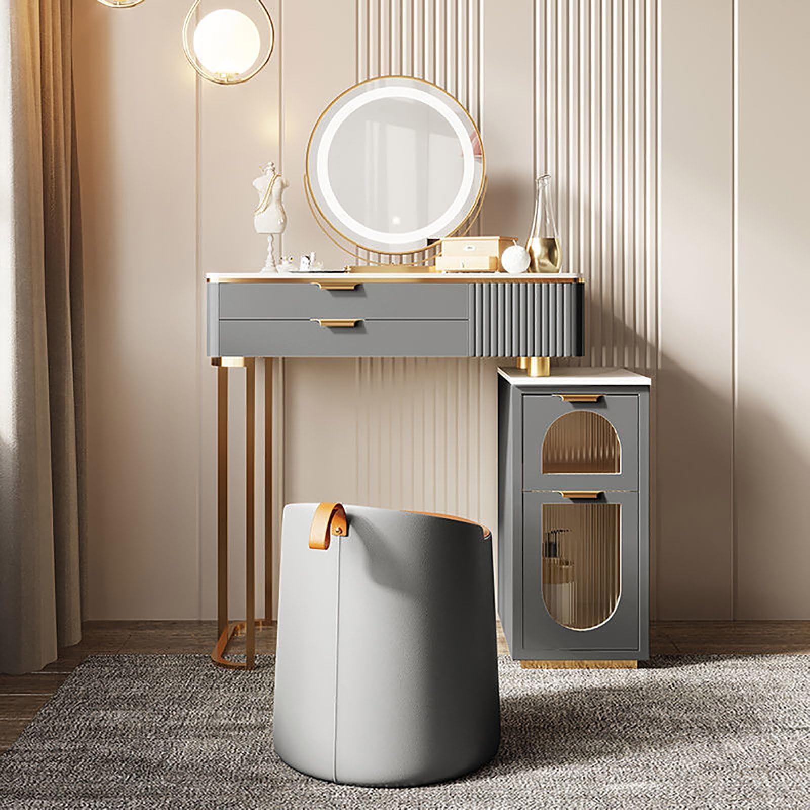 asdchZen Modern Makeup Vanity Set With Adjustable Brightness Mirror, Stylish Dressing Table With Drawers, Gray Stool Included, 3 Lighting Modes For Perfect Beauty Routine,Grey-60cm