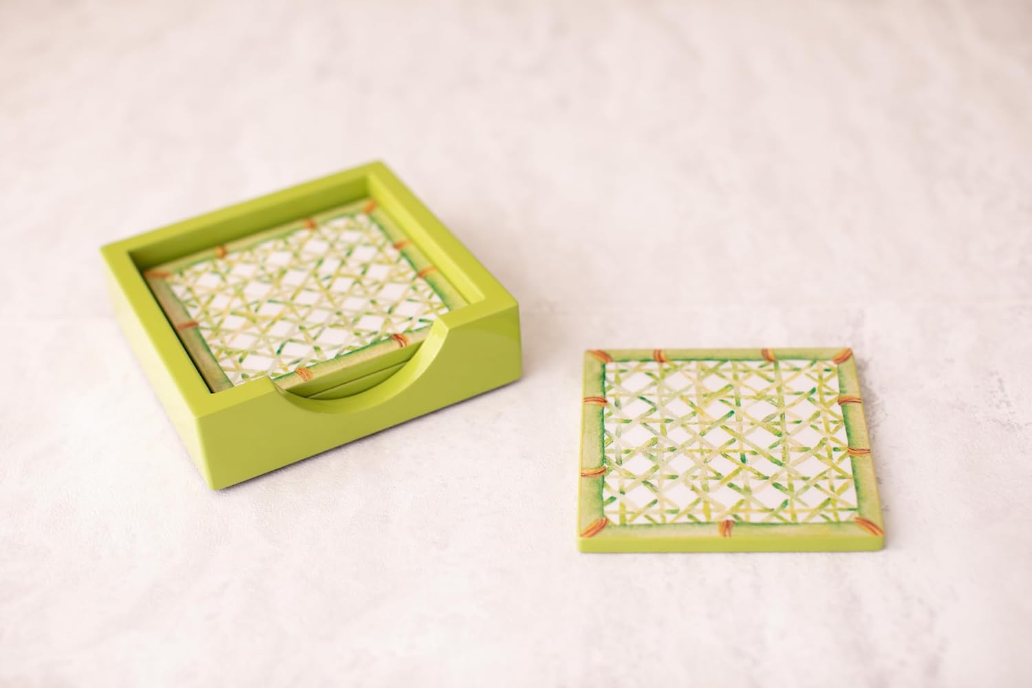 Caspari Trellis Square Lacquer Coasters with Holder, Green – Luxury Decorative Drink Coasters, Handmade, Set of 4 (4" Square) - Image 3