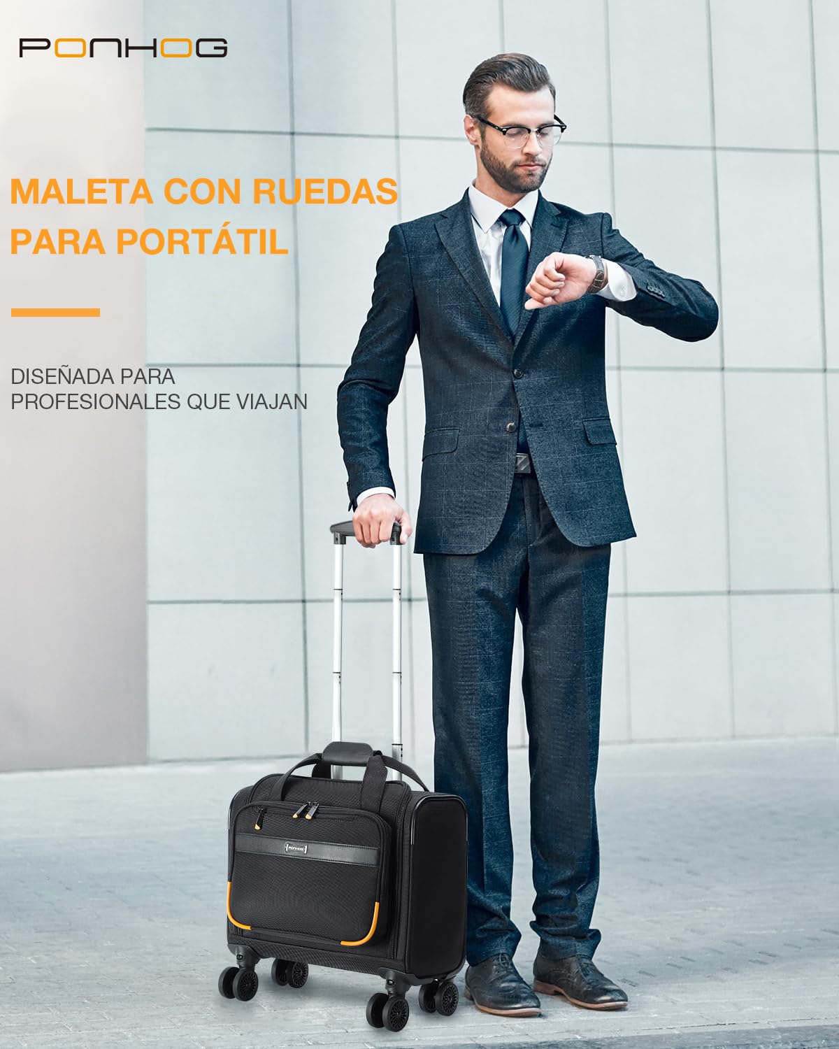 Ponhog Maletín con 4 Ruedas para Ordenador Portatil, Resistente al Agua para Hombres y Mujeres, Negocios, Viajes, Trabajo - 15.6 Pulgadas, Negro