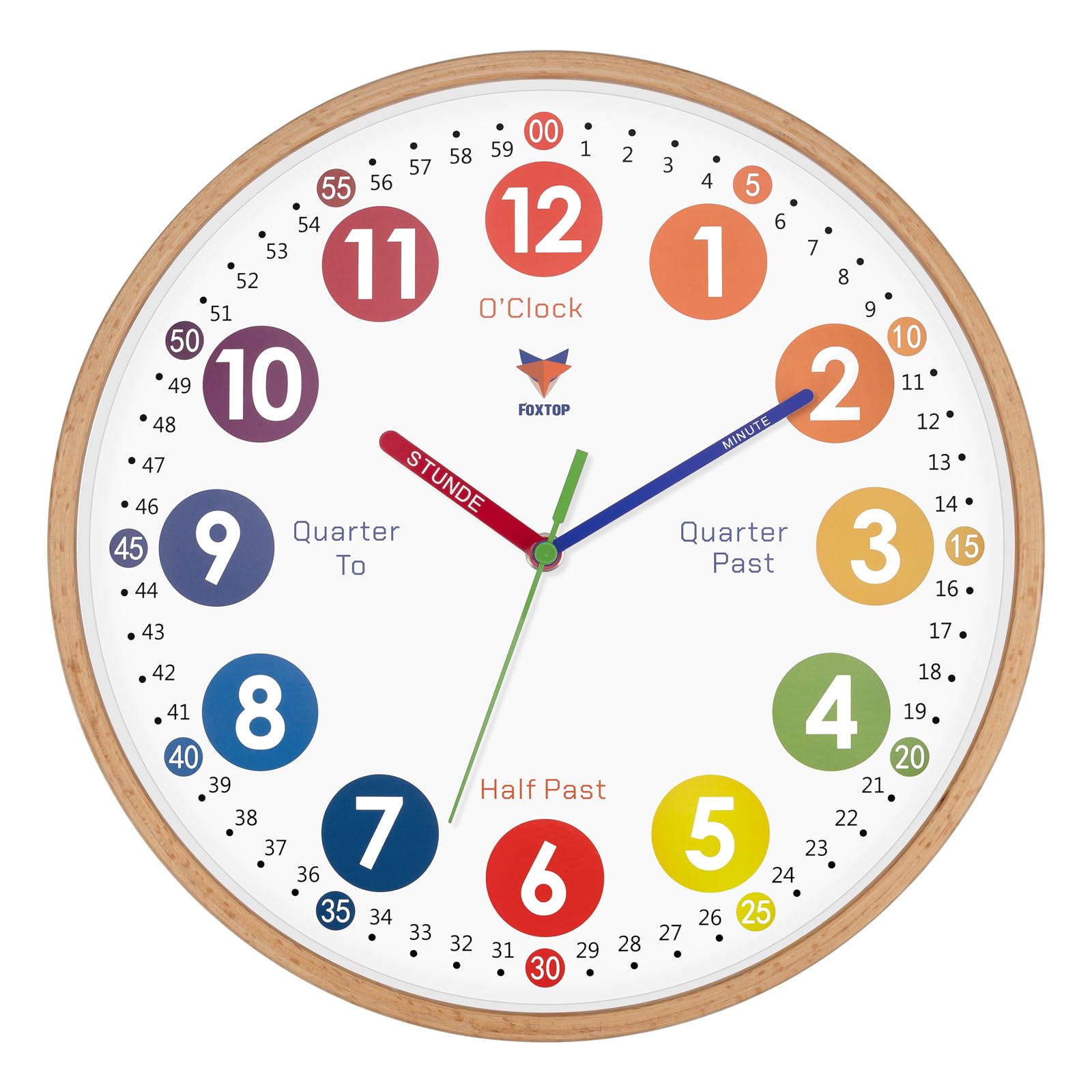 Foxtop Kids Wall Clock 12 Inch Silent Non-Ticking Battery Operated Decorative Clock for Children Living Room Bedroom Nursery Classroom School Kitchen (Natural wood)