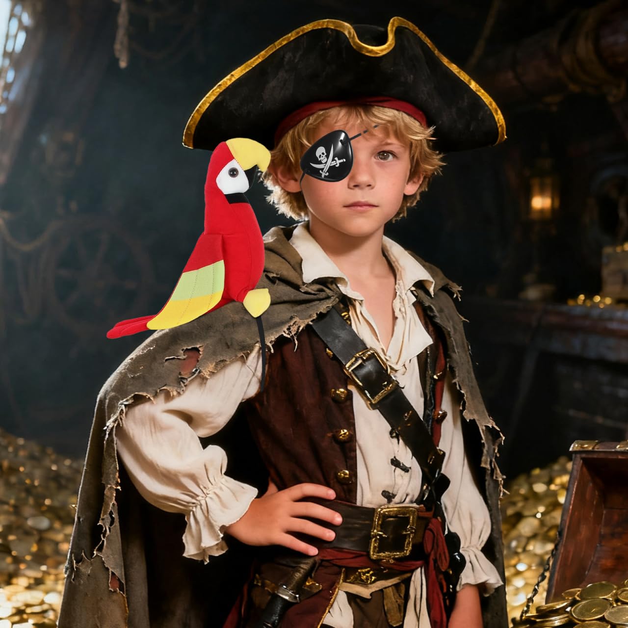 Angoily Pirate Parrot Plush Shoulder Prop with Eye Patch Halloween Cosplay Accessory for Pirate Dress up Party - Image 2