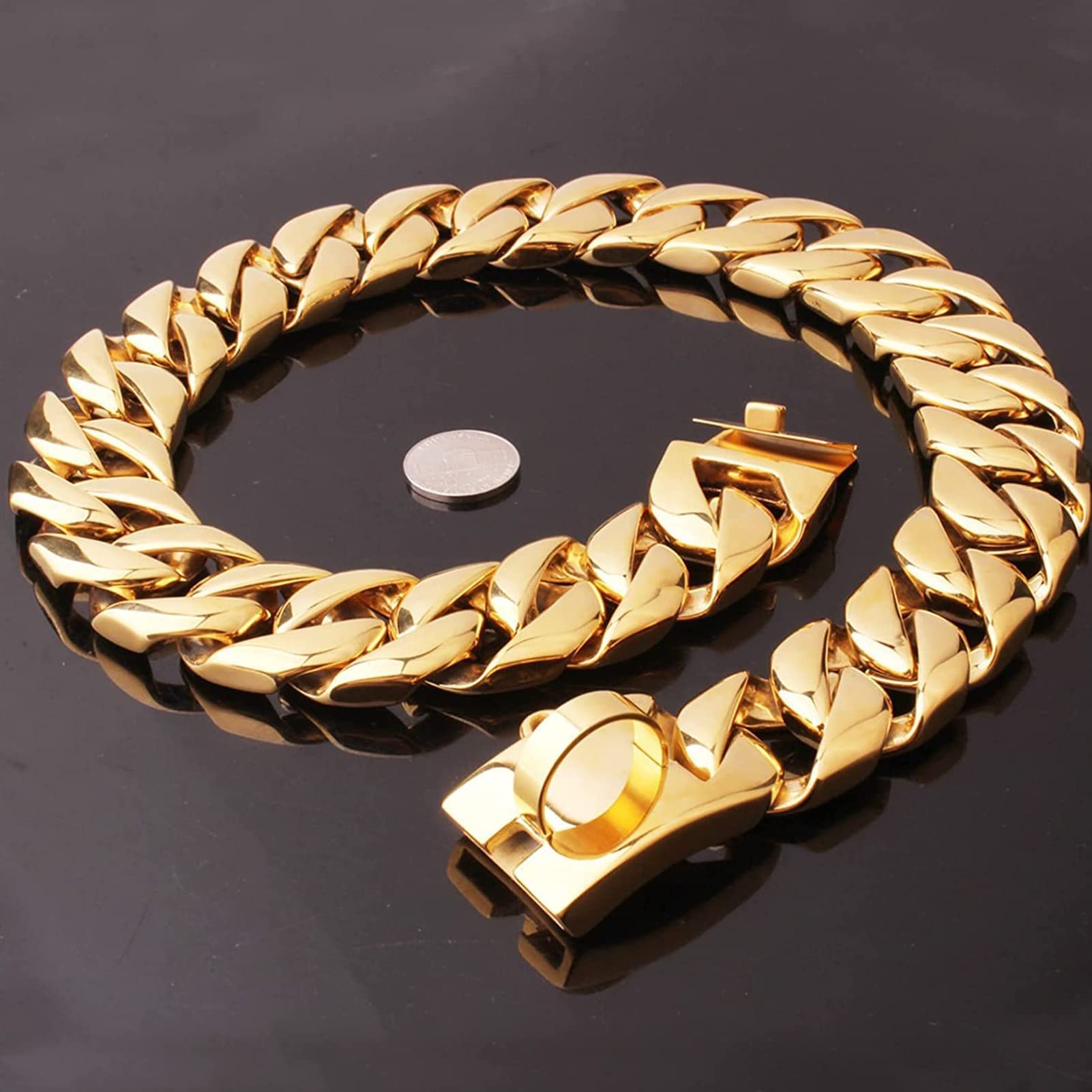 Collar de Perro Dorado con Cierre de Seguridad, Collar de Cadena de Metal Resistente para Perros, Collares De Perro Dorados de Acero Inoxidable Resistente,Oro,55cm/22in