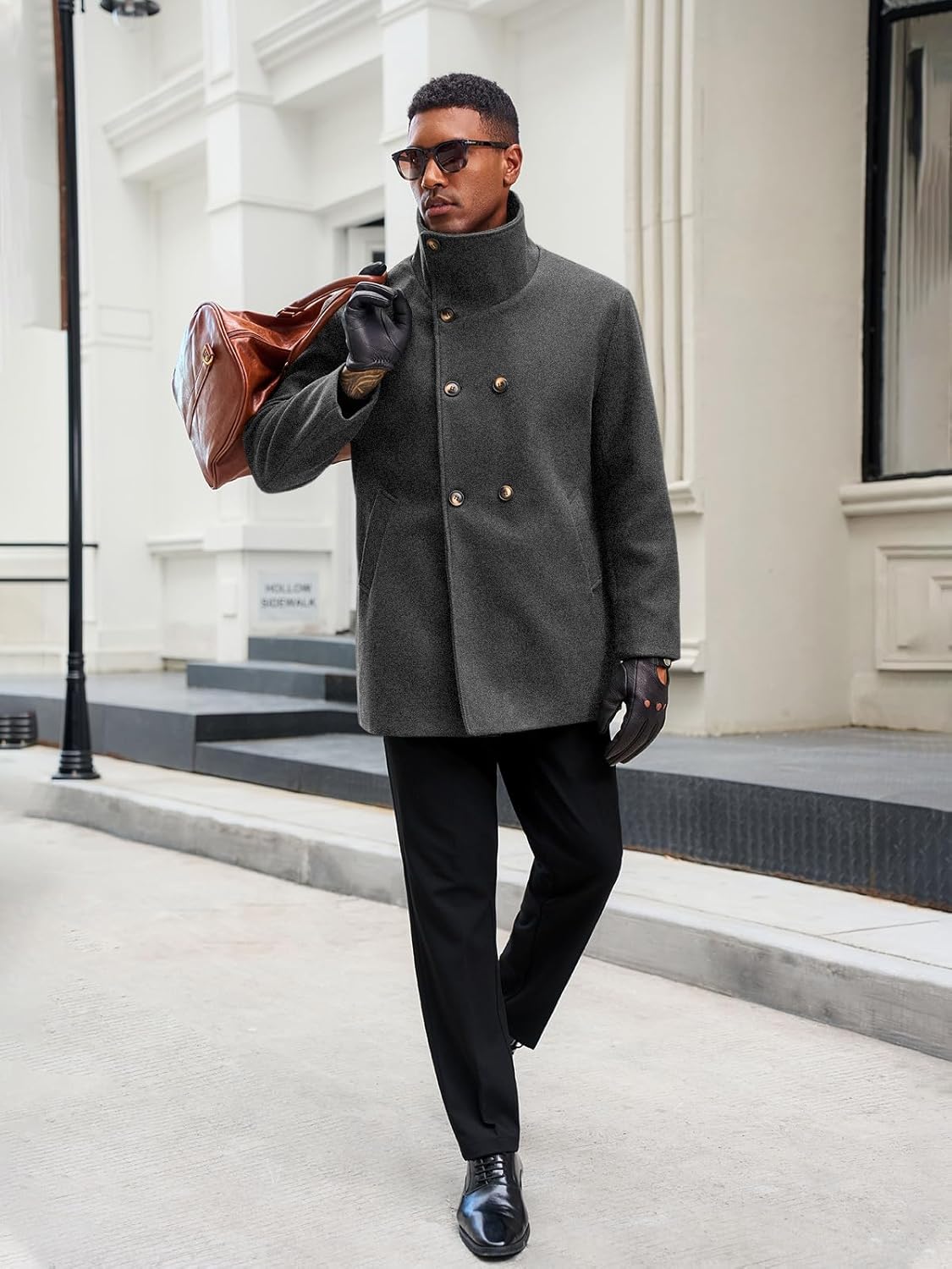 Yousify Mens Trench Coat Double Breasted Stand Collar Overcoat Casual Winter Warm Business Short Pea Coat - Image 4