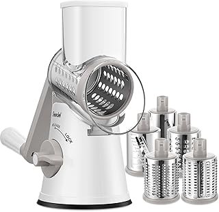 Geedel Rotary Cheese Grater Cheese Shredder with 5 Interchangeable Blades - Upgraded Rotary Grater Featuring Strong Suction Base for Cheese Shredding, Wavy Slicing, Nut Grinding, and Ice Shaving