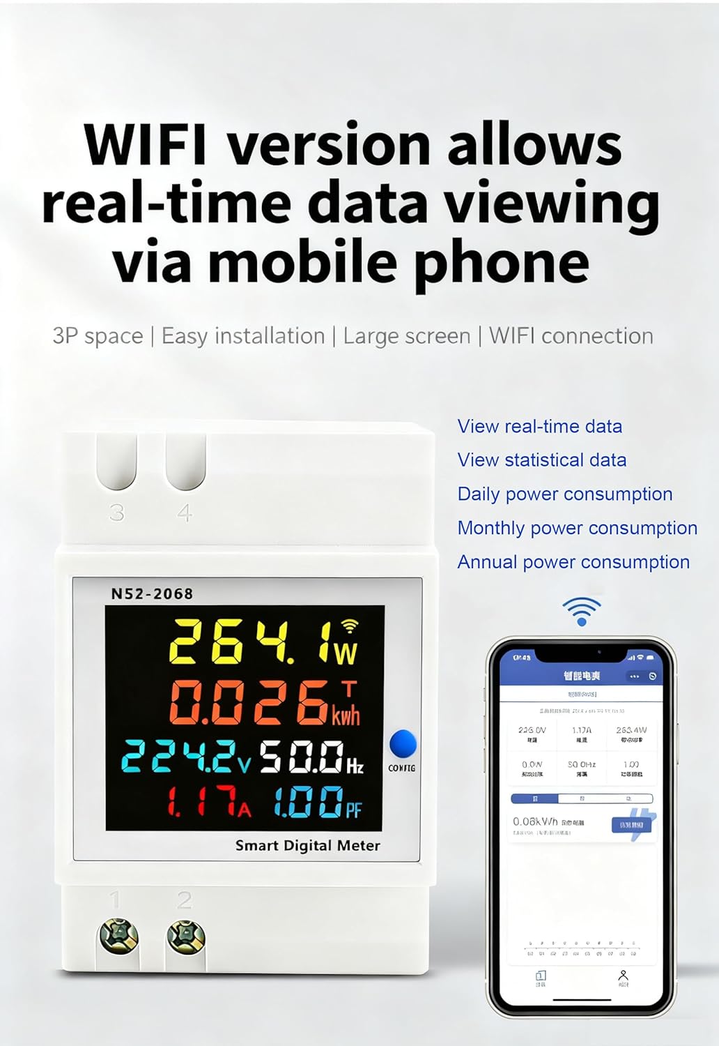 Single Phase Energy Meter Din Rail Electricity Usage Monitor AC 40-300V 100A Voltmeter Ammeter Watt Kwh Frequency Power Meter Built-in CT 110V (D52-2066-WIFI Built-in-CT)