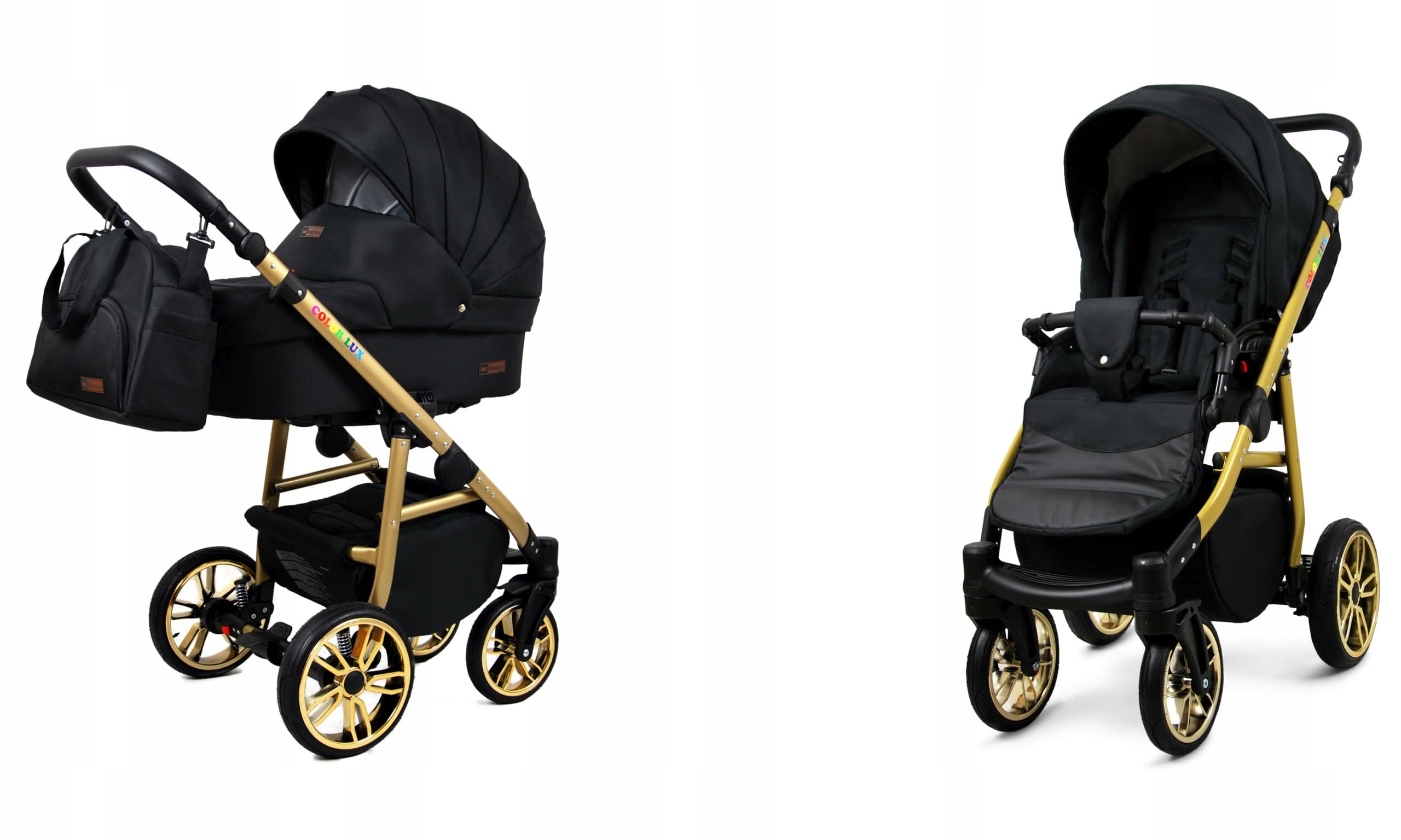 BabyLux Color Lux Wózek Dziecięcy 2w1 Głęboki i Spacerowy z Akcesoriami Regulowana i Składana Aluminiowa Konstrukcja 2 Opcje Montażu Wodoodporny Koła Onyx Gold Frame