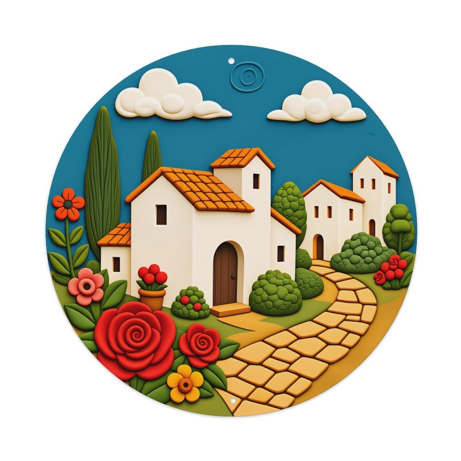 Cute Village Scene With Flowers Metal Tin Sign Vintage Garden Bedroom Cafe Bar Man Cave Home Wall Decor Metal Poster 8x8 inches