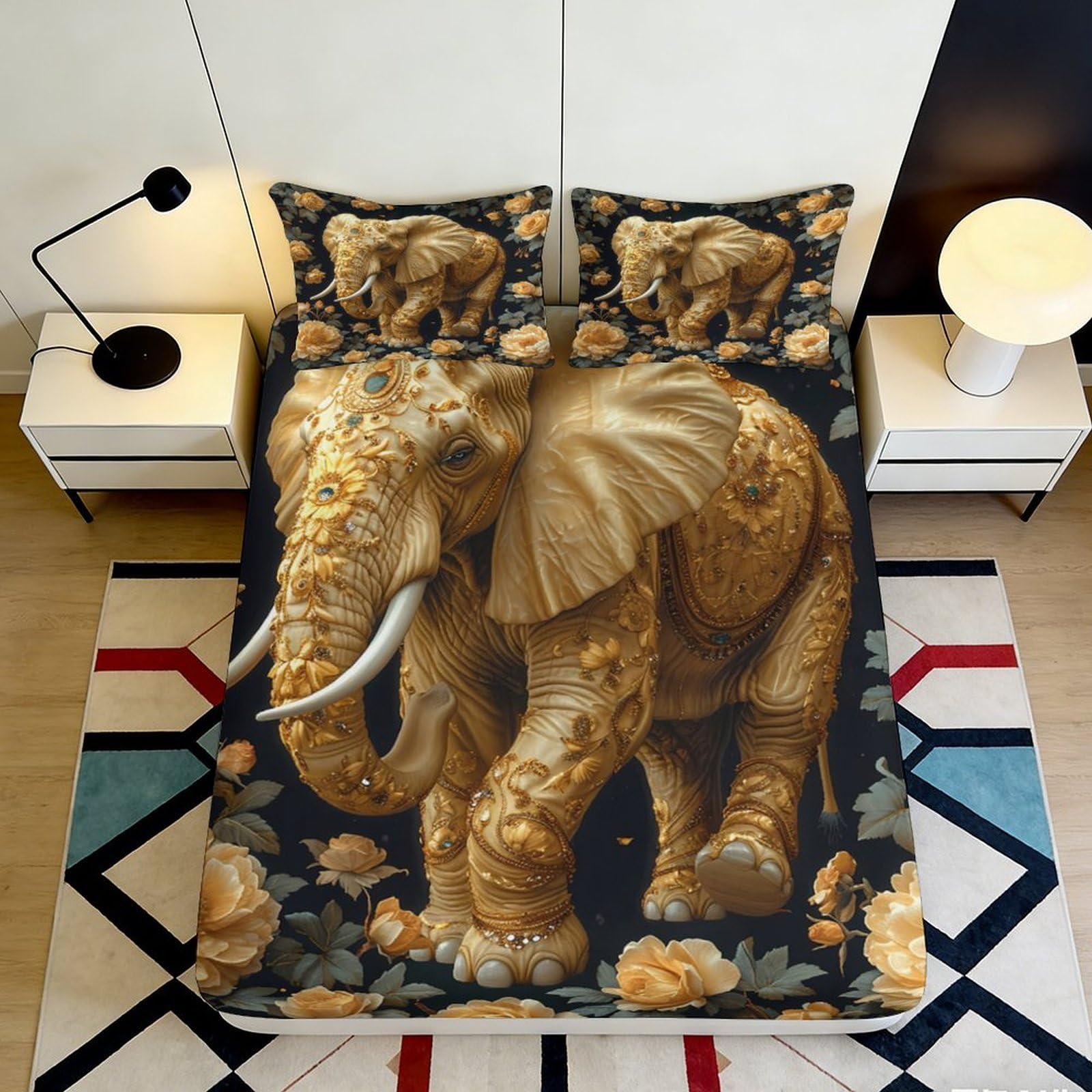 3D Printed elephant fitted sheet, stylish gold floral design, soft touch microfiber, wrinkle resistant, home guest room bedding, mattress cover, easy care, 180x200x25cm