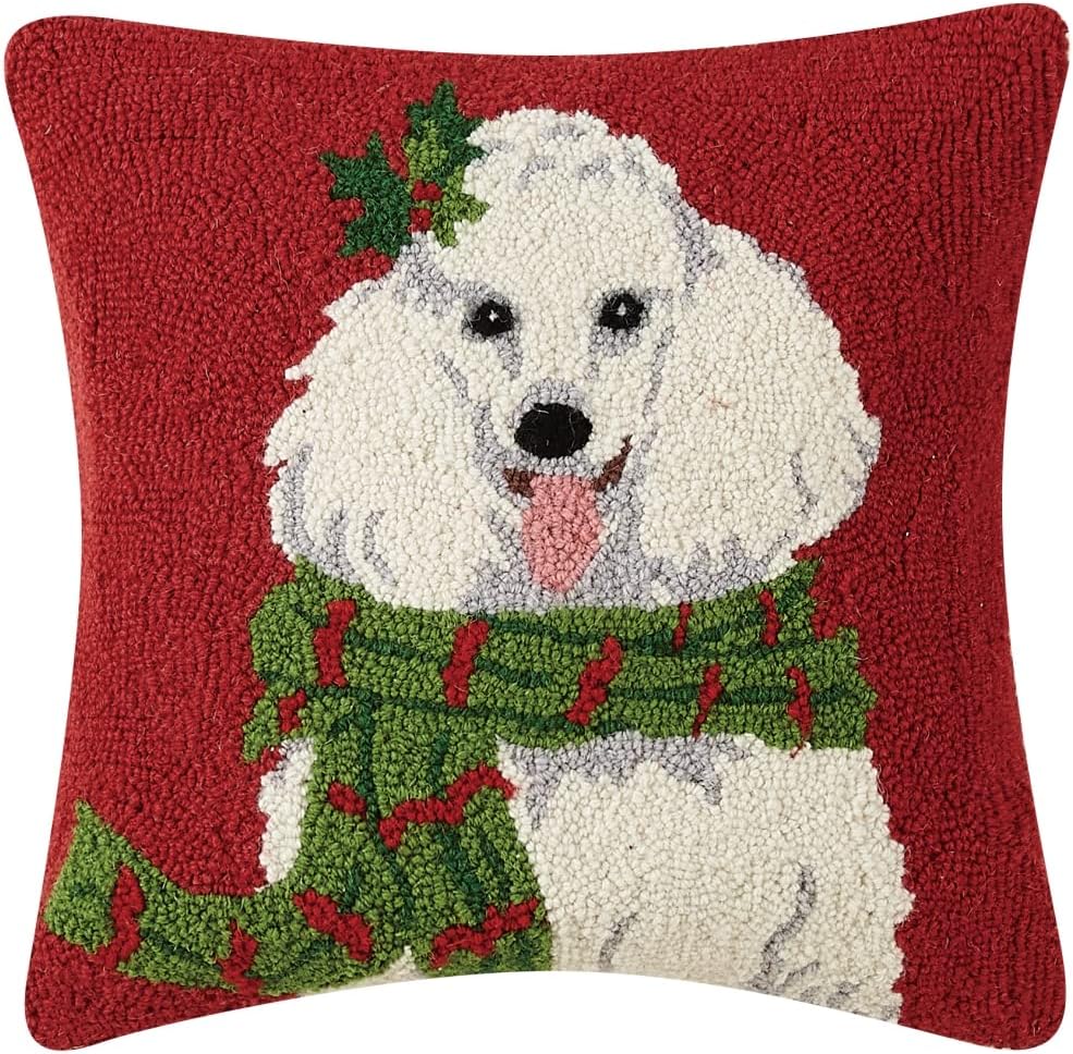 Peking Handicraft 31SJM10336BC16SQ Christmas Poodle Hook Pillow Poly Filled, 16-inch Square, Wool and Cotton
