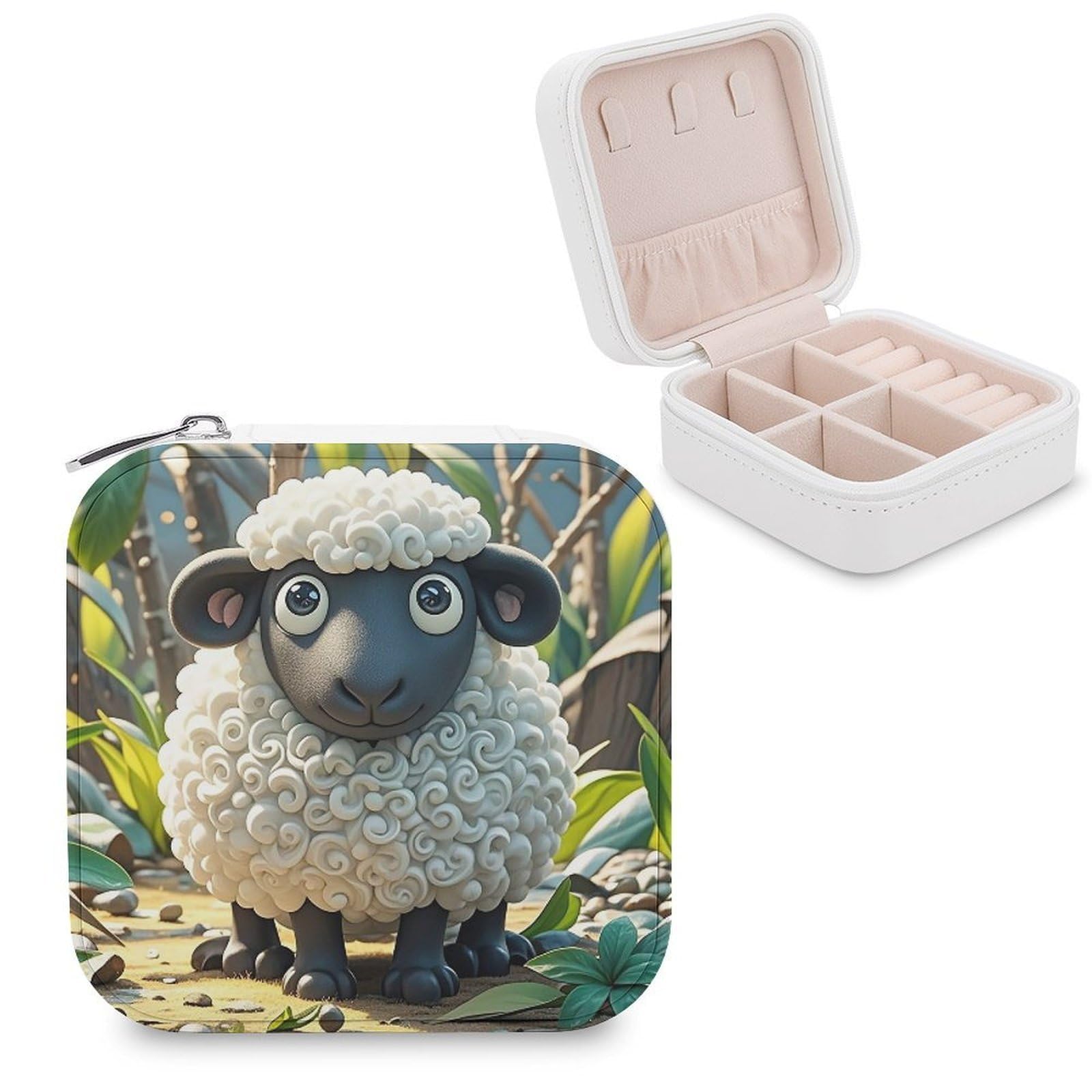 LZQPOEAS Cartoon Black White Sheep Jewelry Box Mini Jewelry Travel Case Trendy Stuff Ring Box Custom PU Leather Jewelry Boxes Portable Jewelry Case Earring Storage Organizer for Girls Women