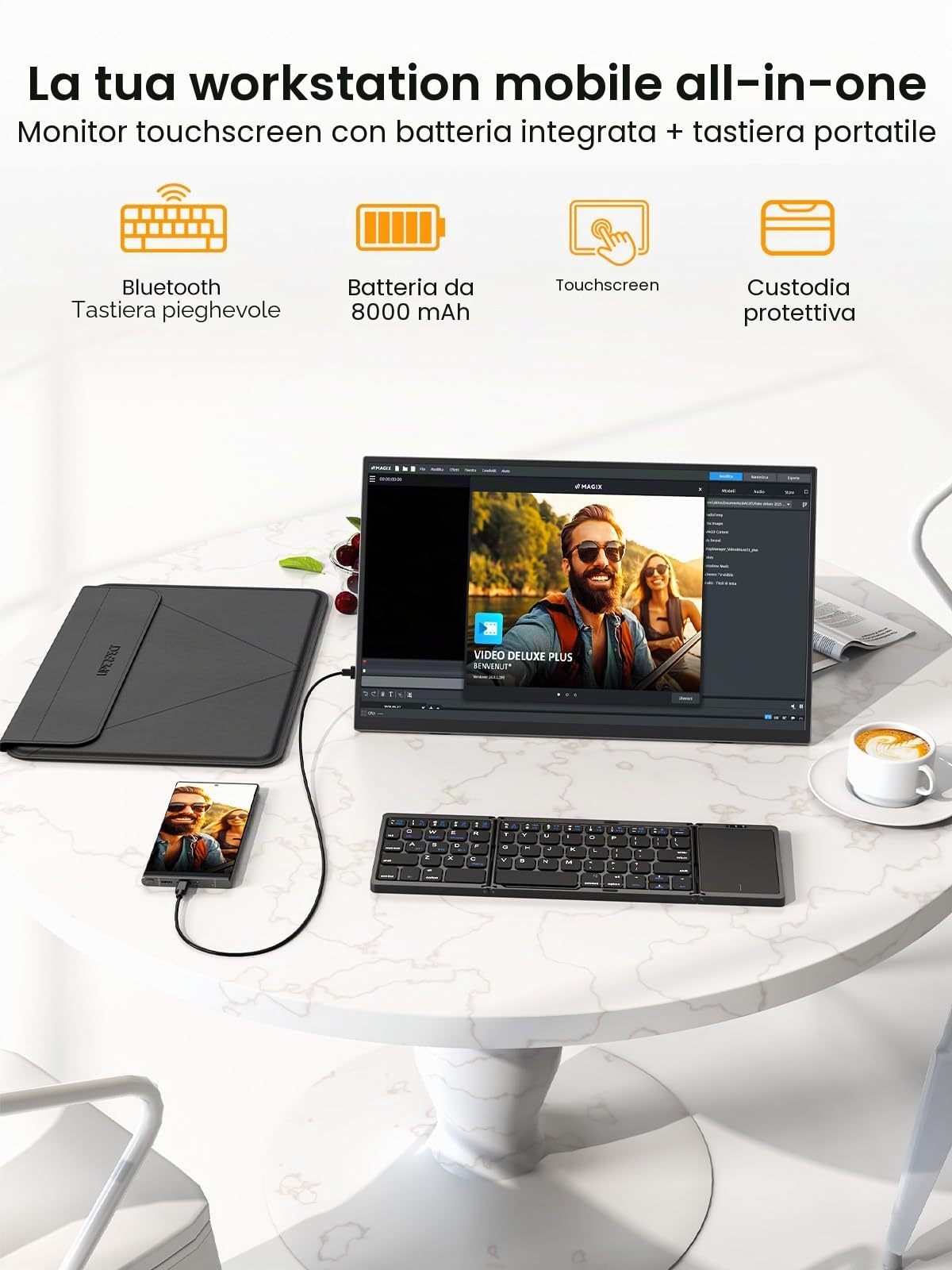 UPERFECT 15,6" Touchscreen Monitor Portatile con Batteria 8000mAh, 1080P | Tastiera Bluetooth Pieghevole e Custodia Protettiva per PC Laptop Xbo Switch, Supporto Integrato, Compatibile VESA