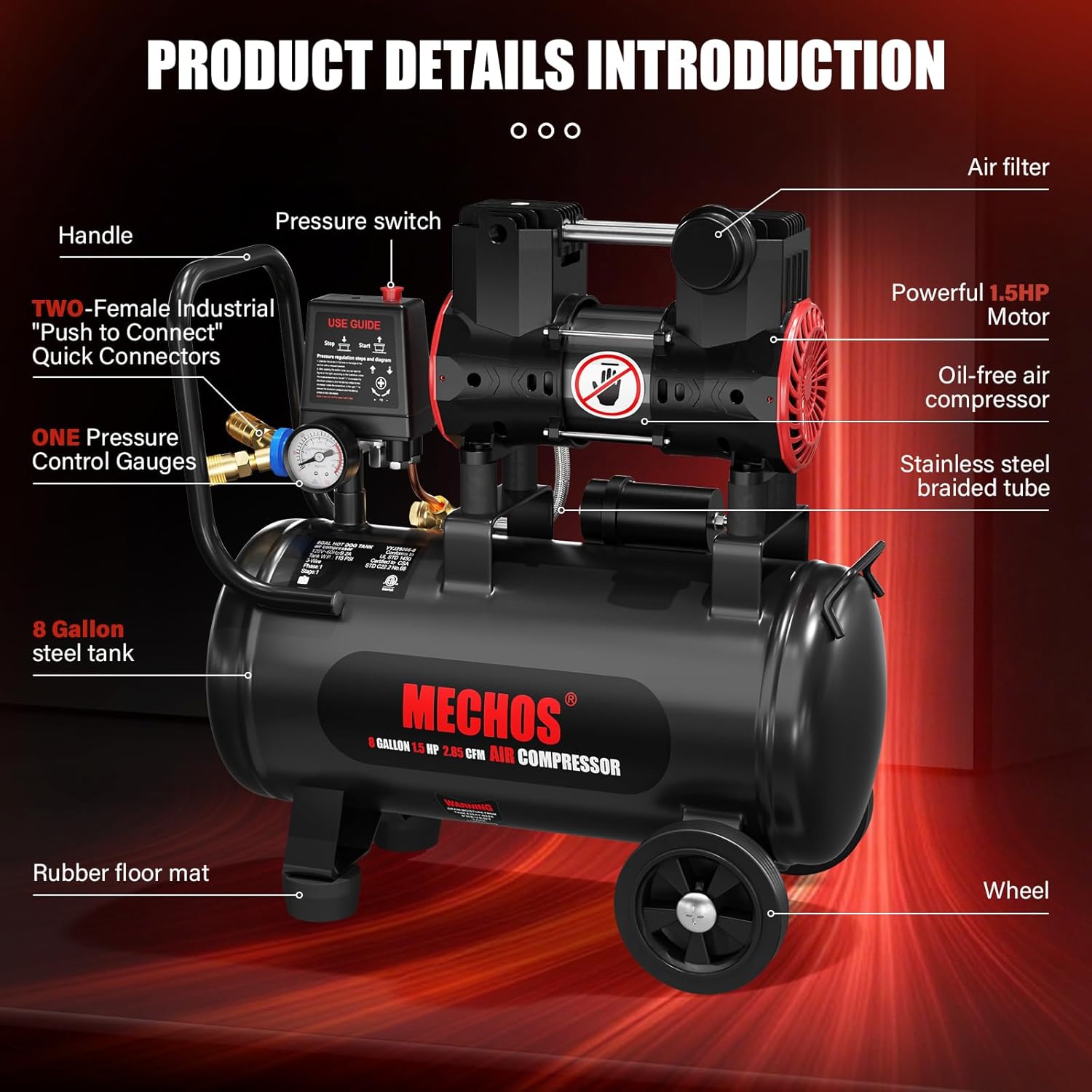 Portable Air Compressor with 8 Gallon Steel Tank, 1.5 HP 2.85 CFM @ 90 PSI, 116 Max PSI Oil-Free Air Compressor for Garage, Home Use, Tire Inflation, Nail Gun, DIY Projects,110V