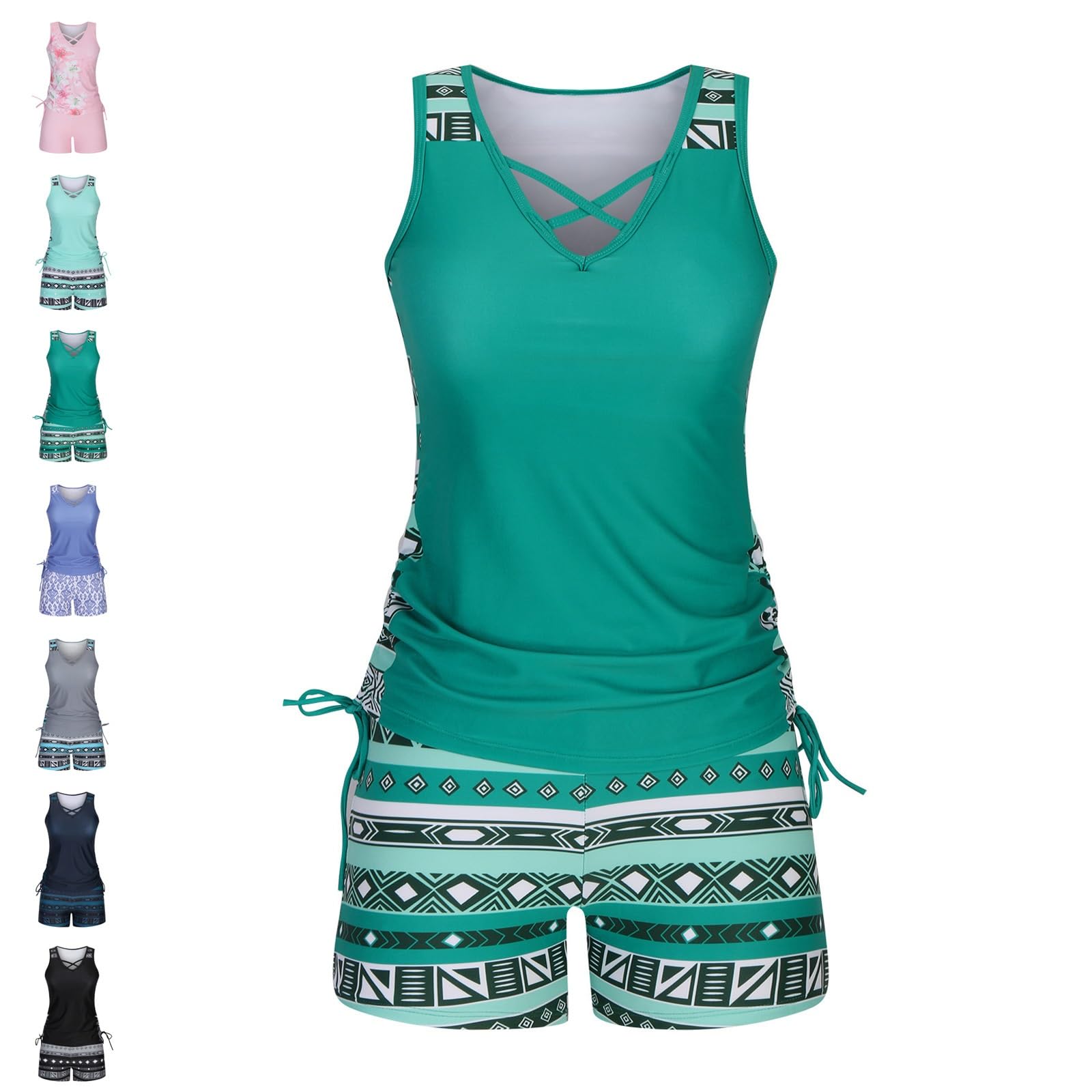 Women's Tummy Control Tankini Set with Built-in Bra, Flattering Boho Swimwear with Shorts, Two Piece Summer Bathing Suits(Green,M)