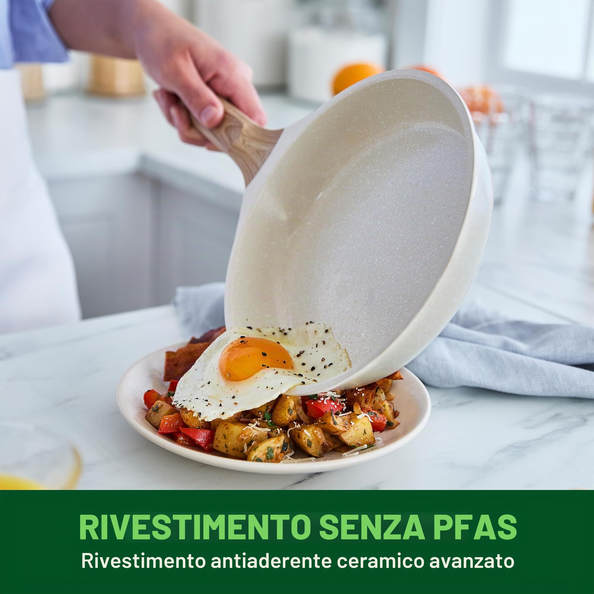 GreenChef Arte - Set di 8 pentole rivestite in ceramica, con manico in legno, colore: bianco crema
