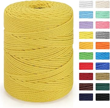 Macrame Cord 4mm x 328yd | 100% Natural Cotton Macrame Rope | 4 Strand Twisted Cotton Cord for DIY Crafts Knitting Plant Hangers Wedding Decor, Yellow