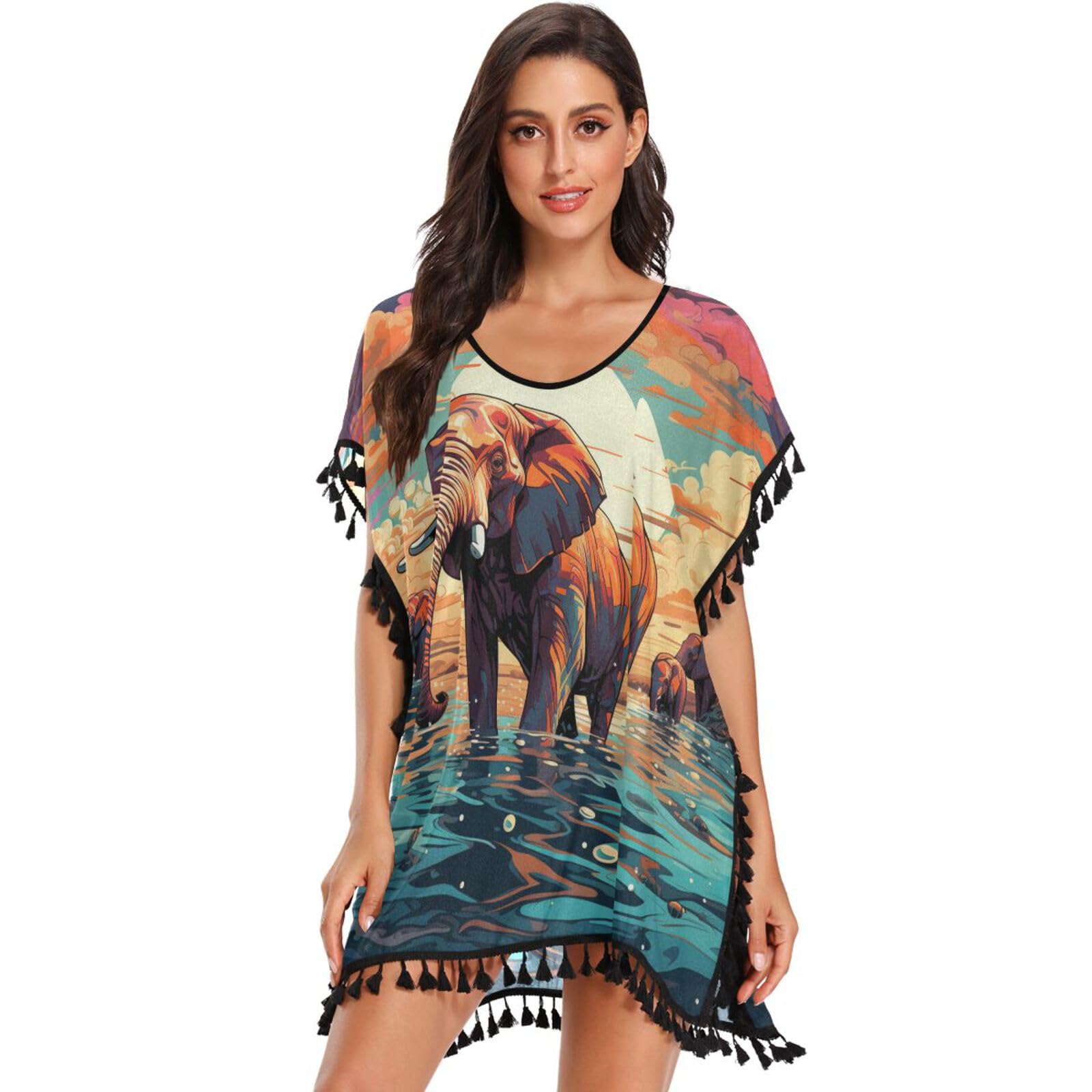 Colorful Elephants Sunset Art Women's Beach Cover Up Chiffon Tassel Swimwear Swimsuit Coverups for Girl
