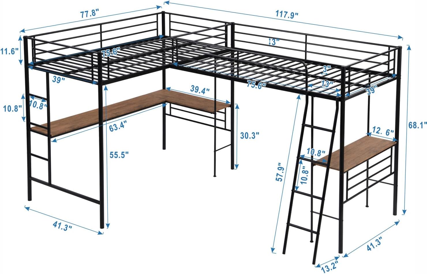 Dimensions of INCLAKE 2-in-1 Twin Size Loft Bed