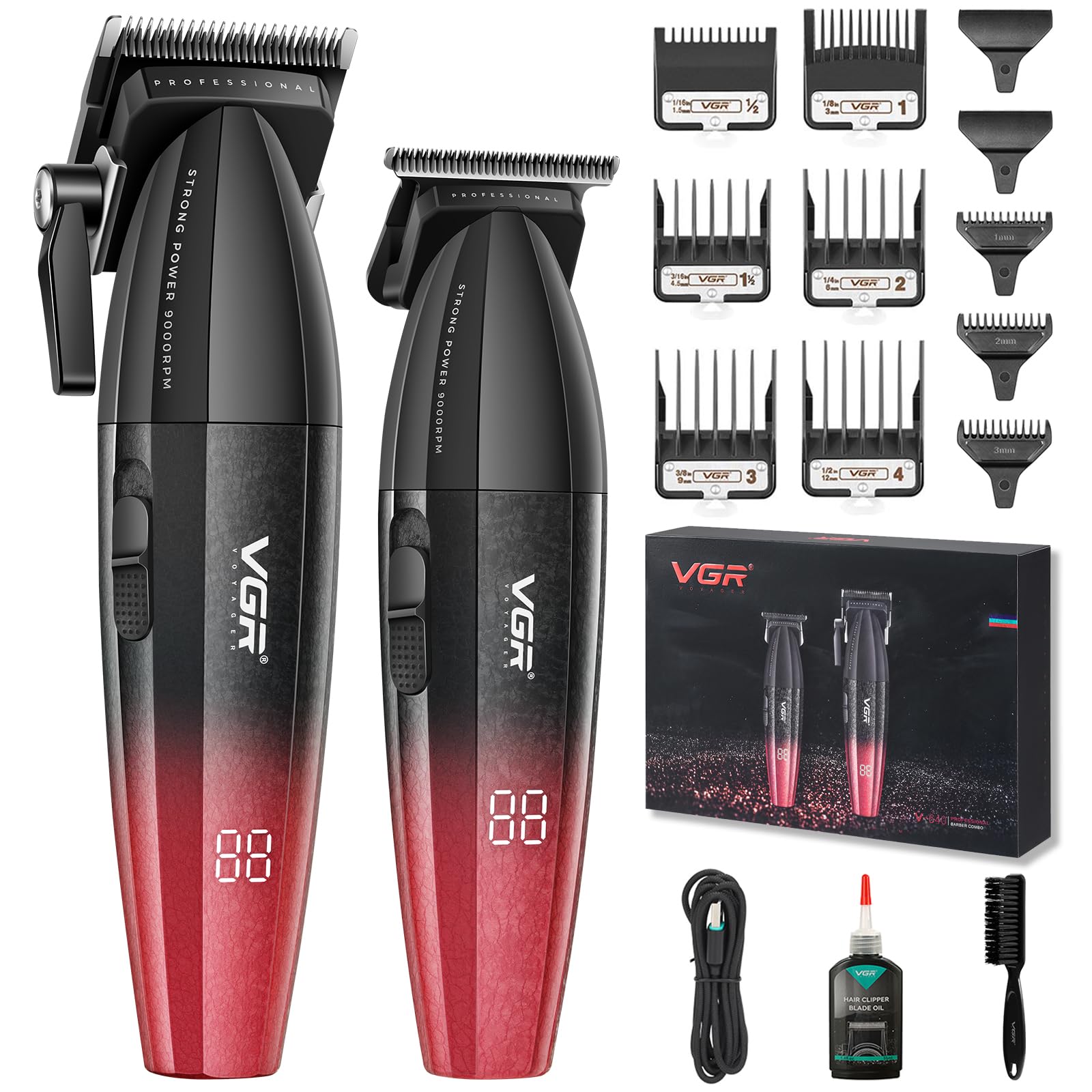 VGR 640 Professional Hair Clippers for Men, 9000RPM Cordless Barber Clippers and Trimmers Set, Zero Gap T-Blade Hair Cutting Kit, DLC Coated Ceramic Blade Barber Kit with LED Display(Red)