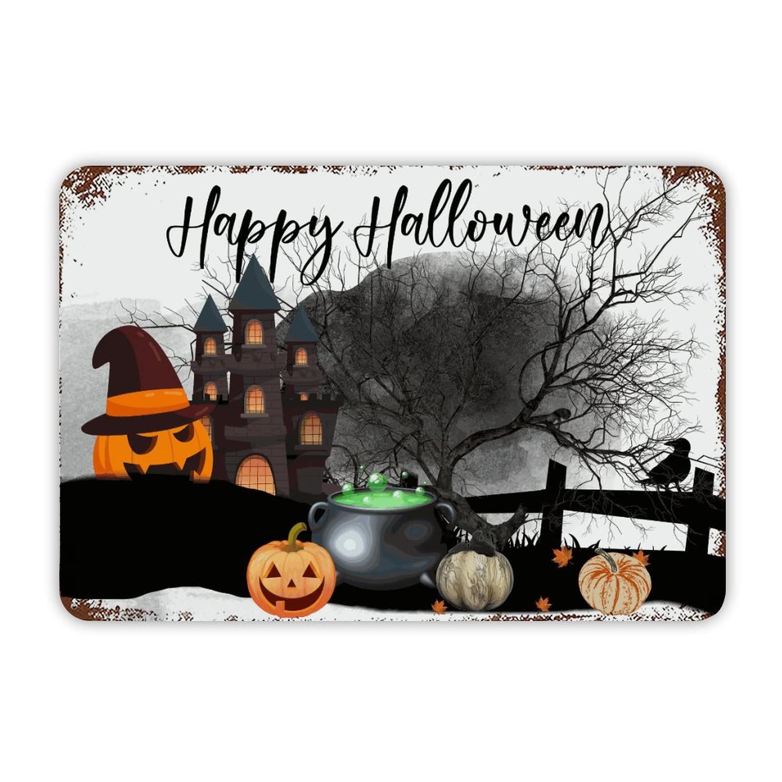 ENEDNATE Happy Halloween Pumpkin House Aluminum Tin Metal Sign for Indoor Outdoor Business Retail Store Patio Yard Home Decoration Easy to Mount Wall Art Print Poster 8x12 Inch