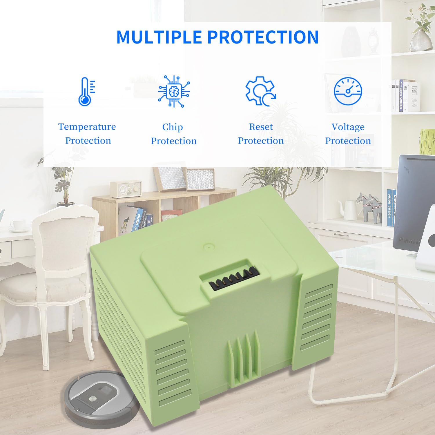 Image showing the ABL-D1 battery alongside various compatible iRobot Roomba models including i3, i4, i7, i8, e5, e6, and j7 series