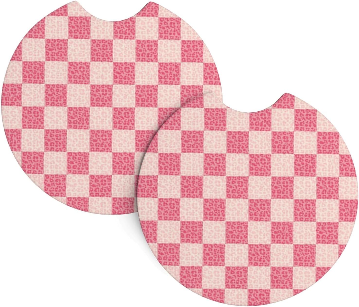 Pink Gingham Print Car Cup Holder Coasters, Non Slip Car Accessories