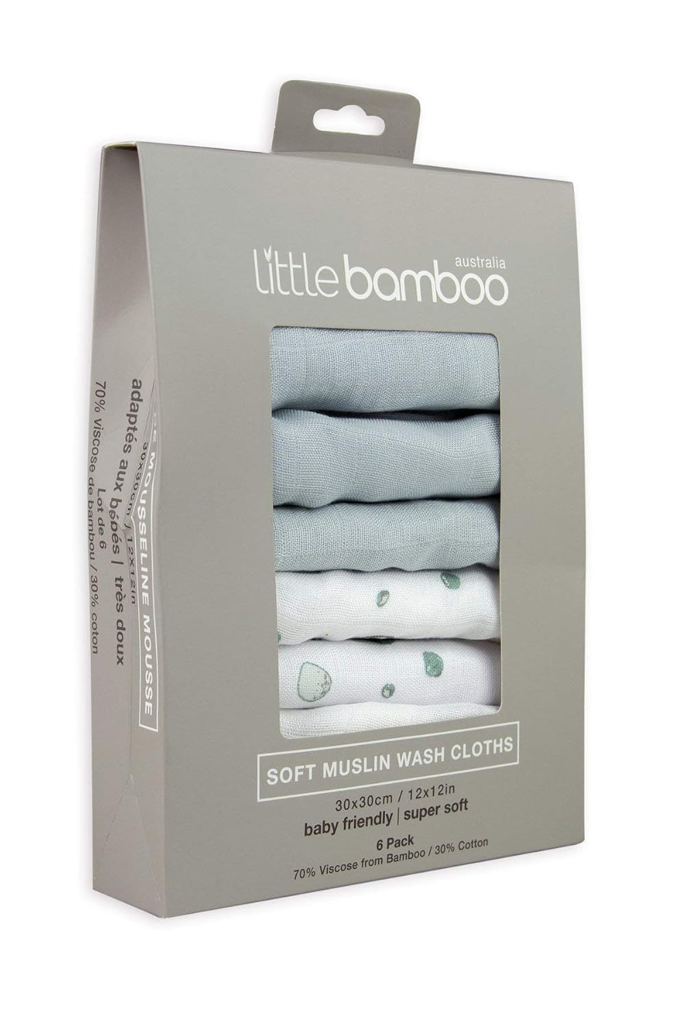 Little Bamboo Muslin Baby Wash Cloths 6 Pack, 30 x 30 cm, Whisper Grey, - Image 5