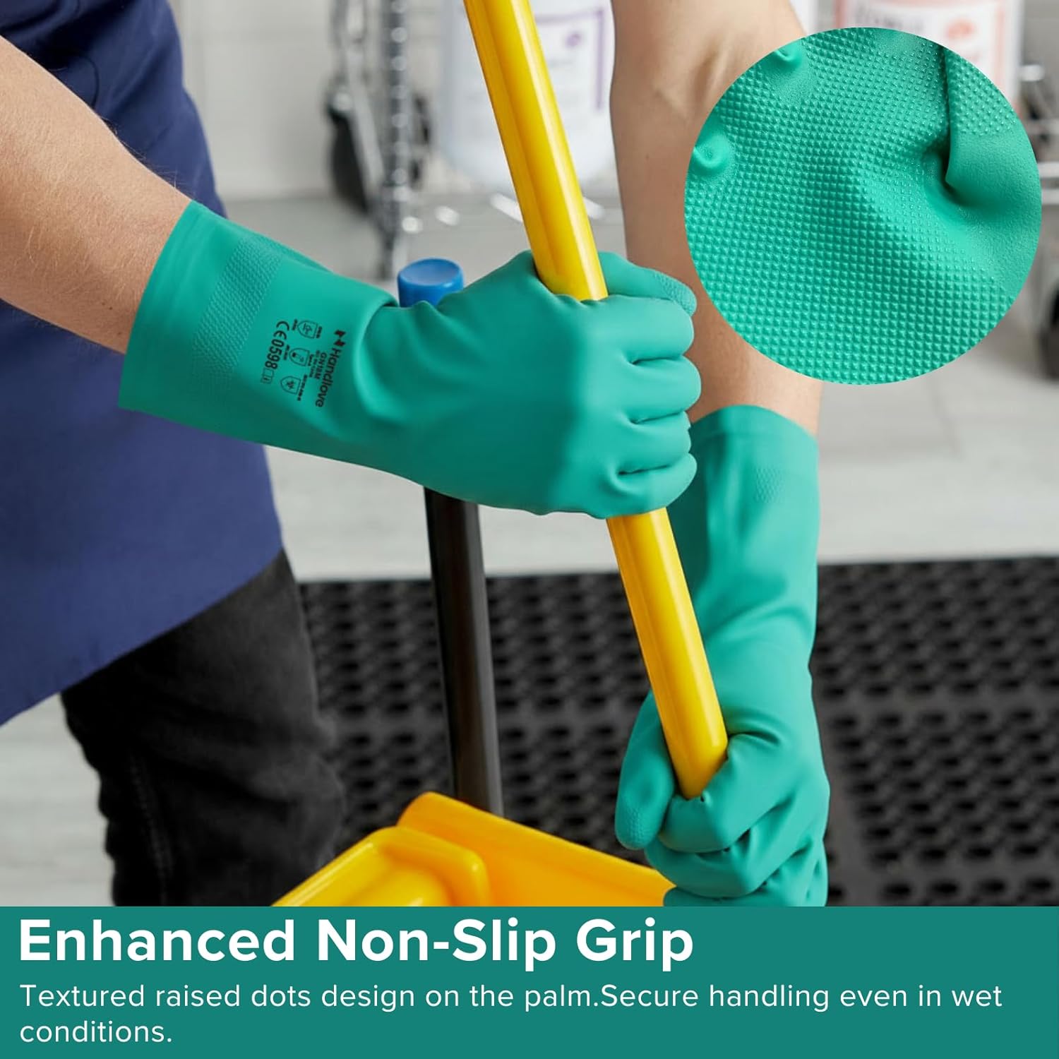 HandLove Chemical Resistant Nitrile Gloves, 18 Mil, 13 Inch Long, Latex-Free Reusable Cleaning Gloves with Non-Slip Grip for Dishwashing, Household Cleaning & Automotive, 6 Pairs, Large