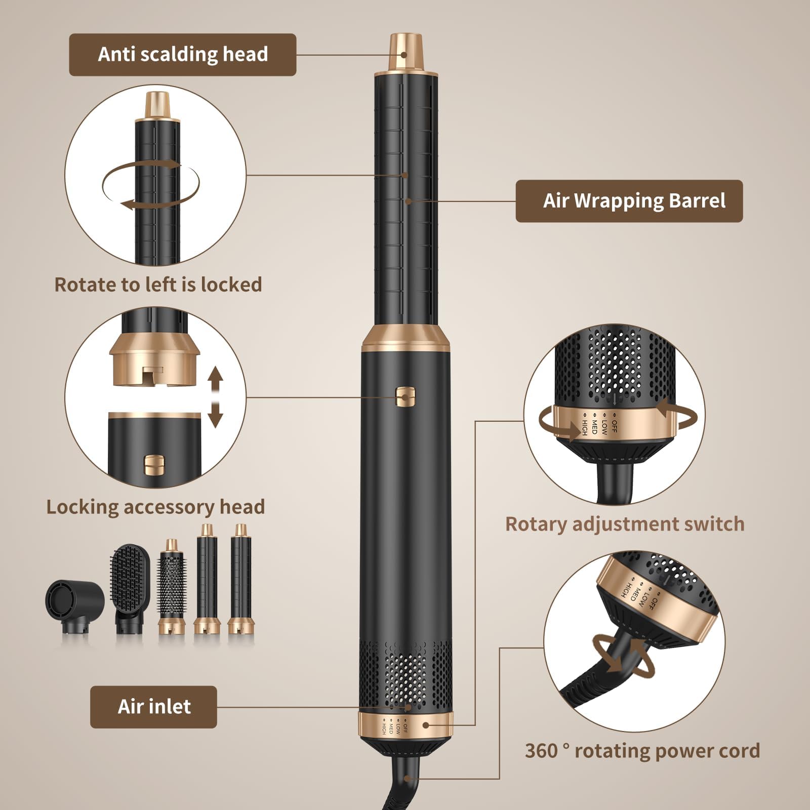 Hair Styler 5 in 1, Airstyler Haarstyler Set 1000W, Multifunktionaler Hairstyler mit 5 Ersatz, Lockenstab Automatisch, Glätteisen, Zum Styling, Volumisieren, Locken und Glätten (Schwarz)