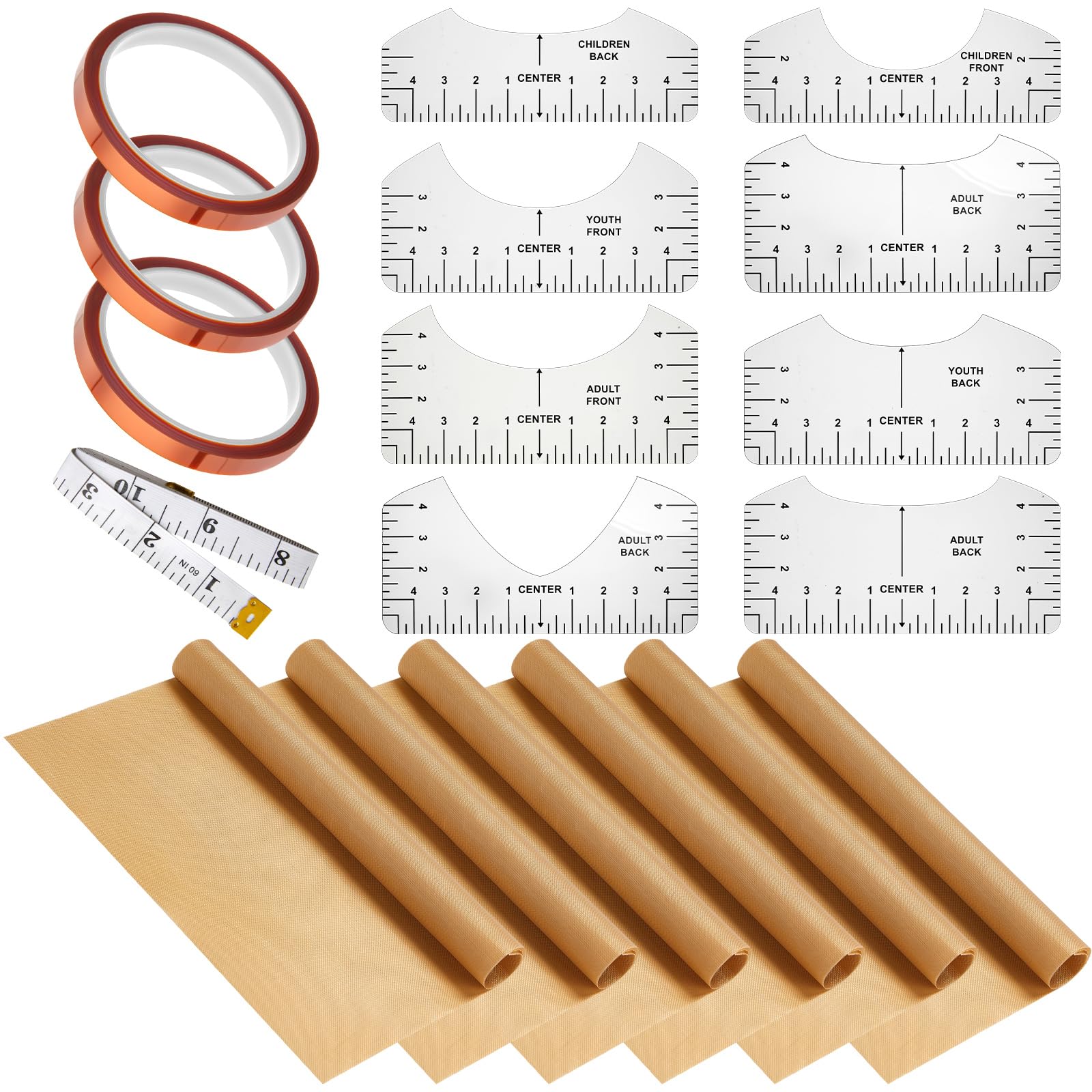 18 piezas de láminas de PTFE para prensa de calor, regla de alineación de camisetas de 12 x 16 pulgadas y cinta resistente al calor de 0,4 pulgadas x 36 yardas y juego de cinta métrica de PVC, guía de regla de camiseta para alineación de vinilo