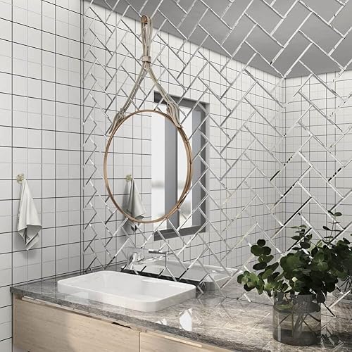 Soulscrafts Azulejo de vidrio de espejo autoadhesivo de 3 x 6 pulgadas con borde biselado para salpicaduras de cocinapared de baño, 40 piezas por