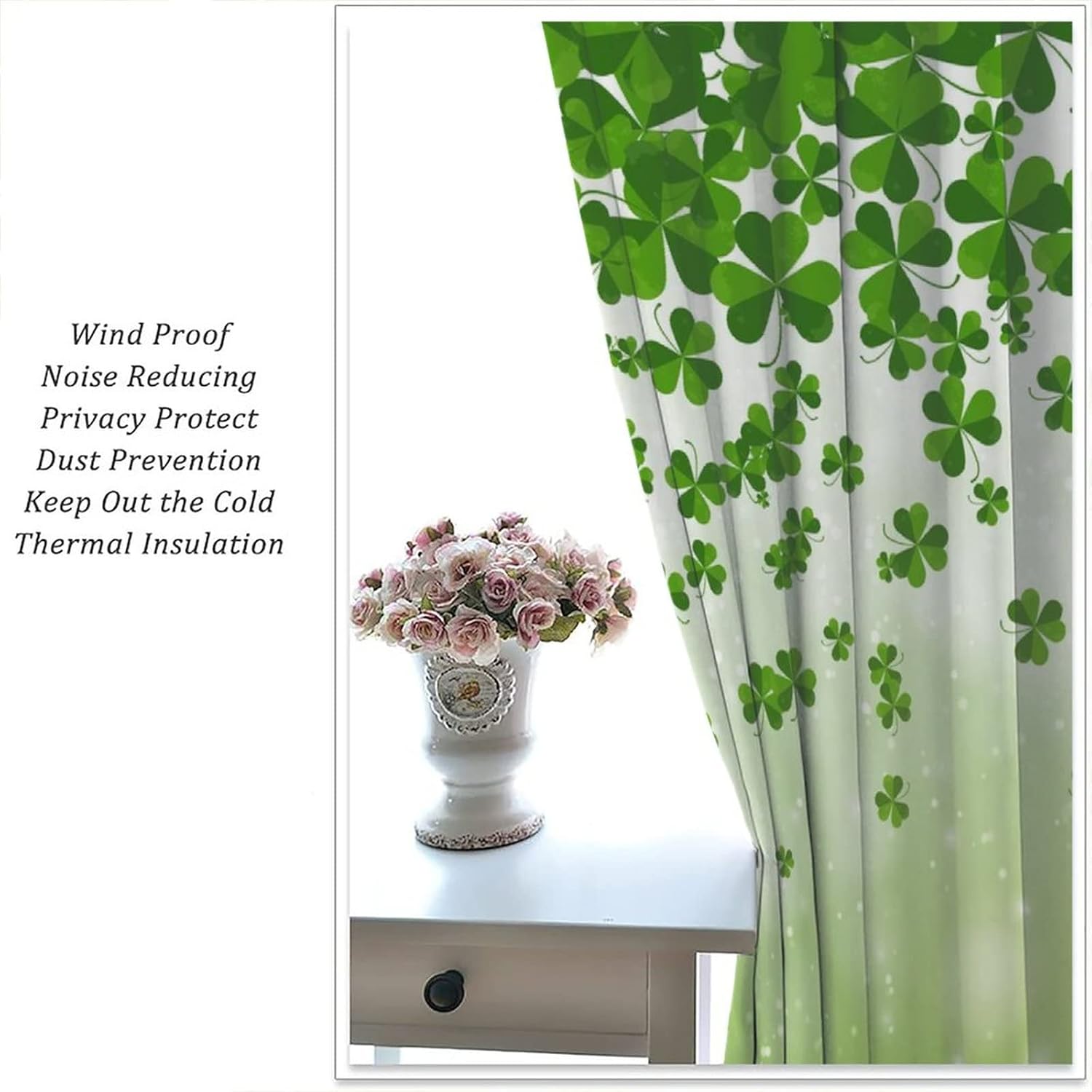 St.Patrick's Day Kitchen Curtains,Green Shamrock Leaves Theme Rod Sleeves Window Drapes 2 Panel Set for Bedroom Bathroom Living Room Decor W42xL45in