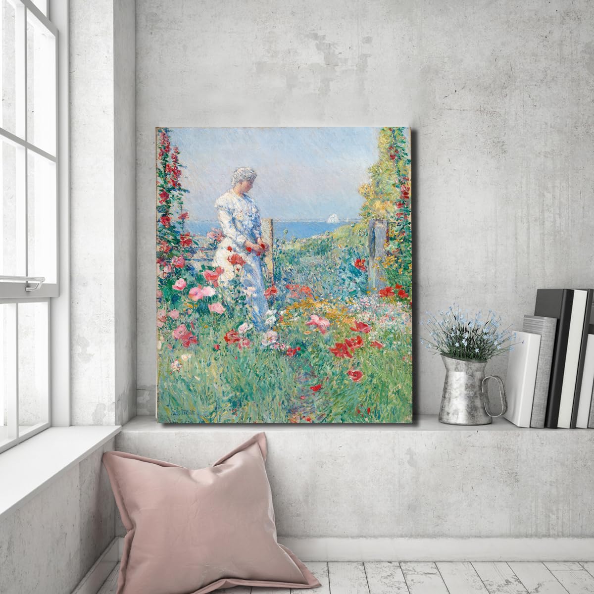 SHENGPOSTER Childe Hassam w ogrodzie płótno sztuka ścienna domek ogród ilustracja plakat obraz do jadalni sypialni dekoracja ścienna bez ramy 65 x 85 cm