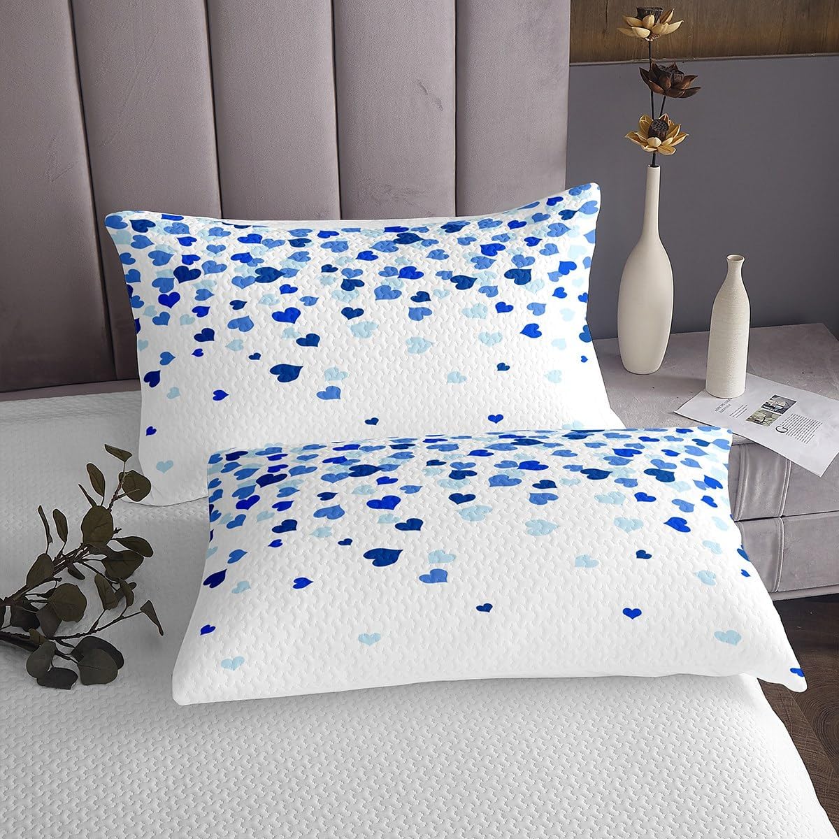 jejeloiu Blue Heart Love Pattern Bedspread Queen Size Heart Shape Coverlet Set for Kids Romantic Love Dreamy Girly Quilted Coverlet Women Men Teens Decor All Season