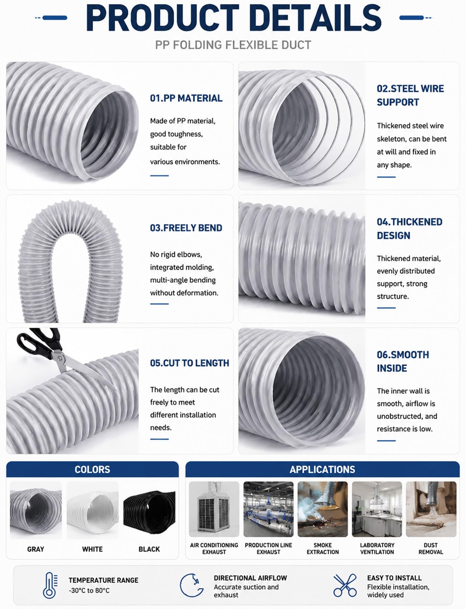 Condotto flessibile pieghevole in PP – Tubo retrattile in filo di acciaio da 4 metri per ventilazione industriale, estrazione di polvere e fumo, diametro 25-250 mm (latte, ID 50 mm)