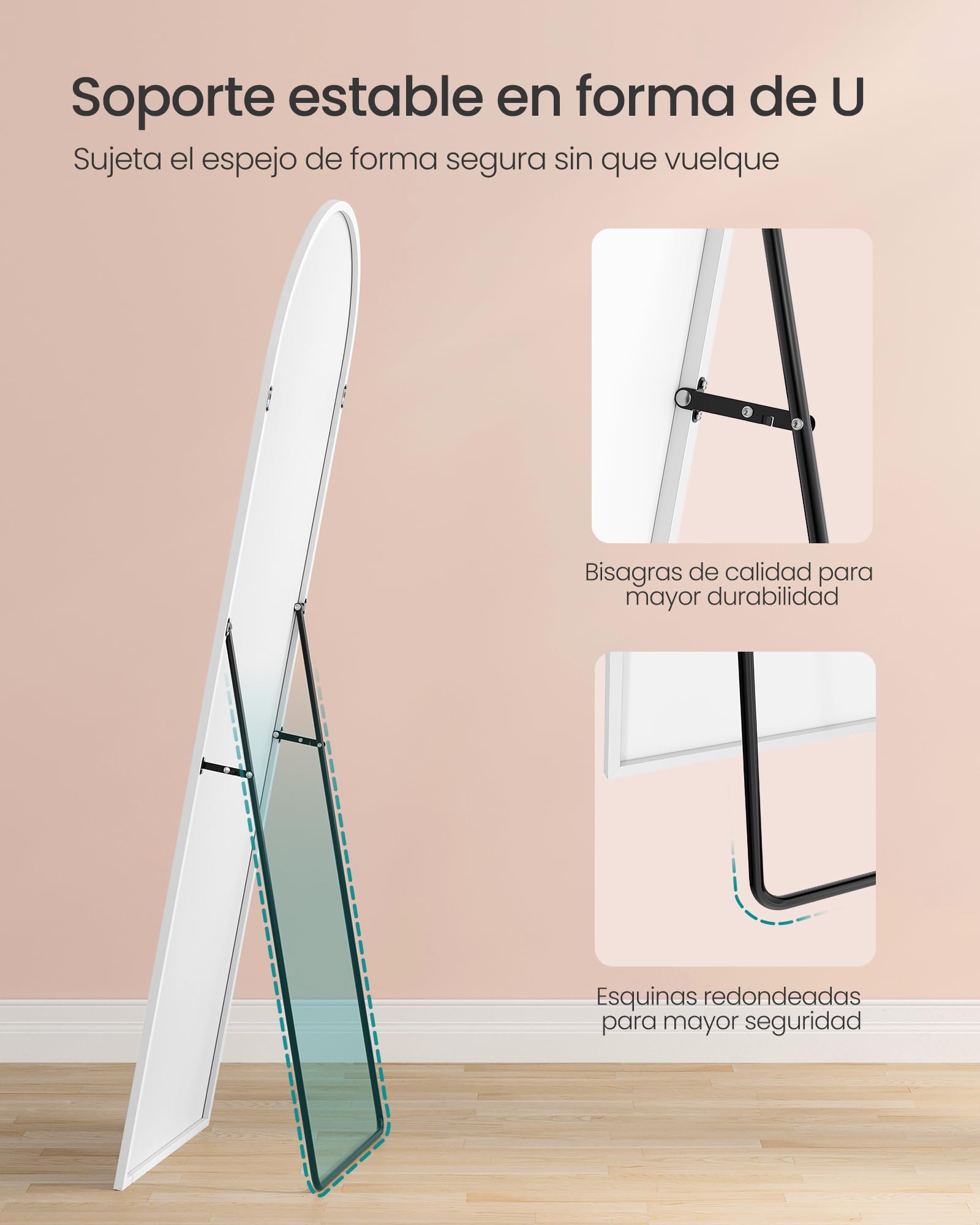SONGMICS Espejo de Cuerpo Entero, 160 x 50 cm, Espejo de Pie Arqueado con Soporte, con Marco de Aleación de Aluminio, Cristal Templado, para Dormitorio, Salón, Vestuario, Blanco Mate LFM031WC01 — view 4