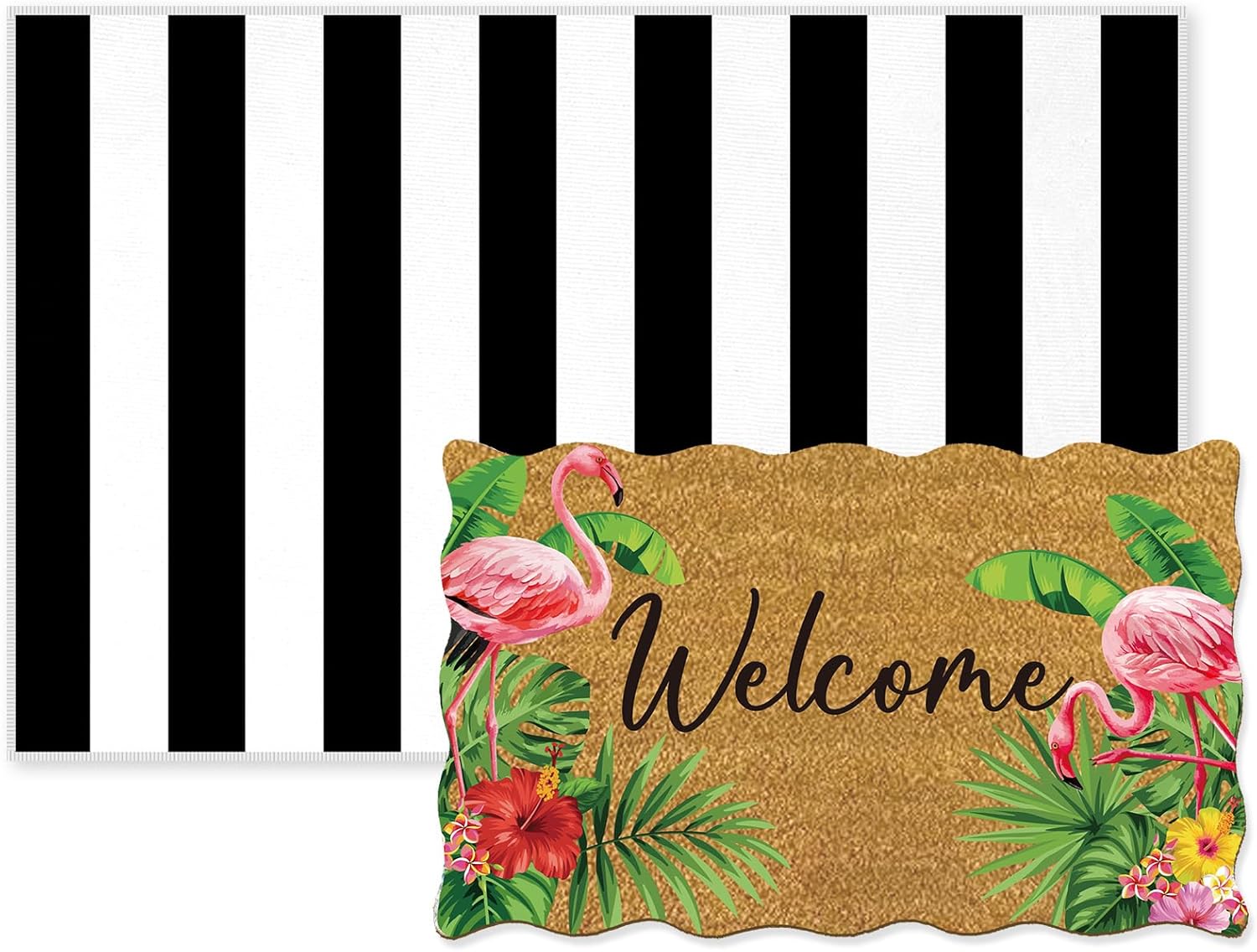 2 Piece Summer Door Mat Combo Set 100% Coco Coir Tropical Flamingo Welcome Mat and 28 x 40 Inch Black White Striped Rug Layering Front Door Rug for Entrance Front Porch Outdoor Decor Gifts