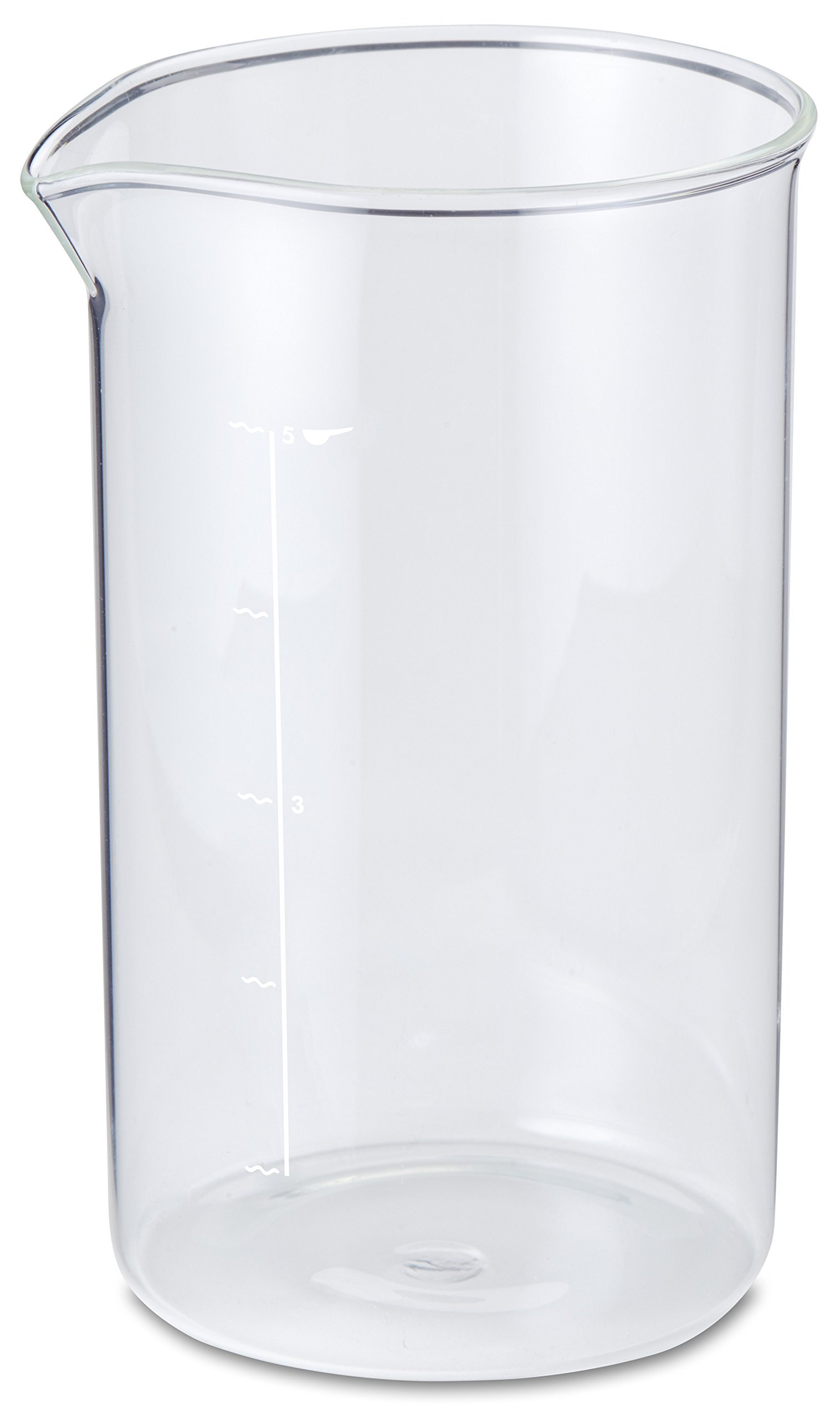 Close-up of a French Press carafe filled with brewed coffee, showing measurement lines and foam on top.