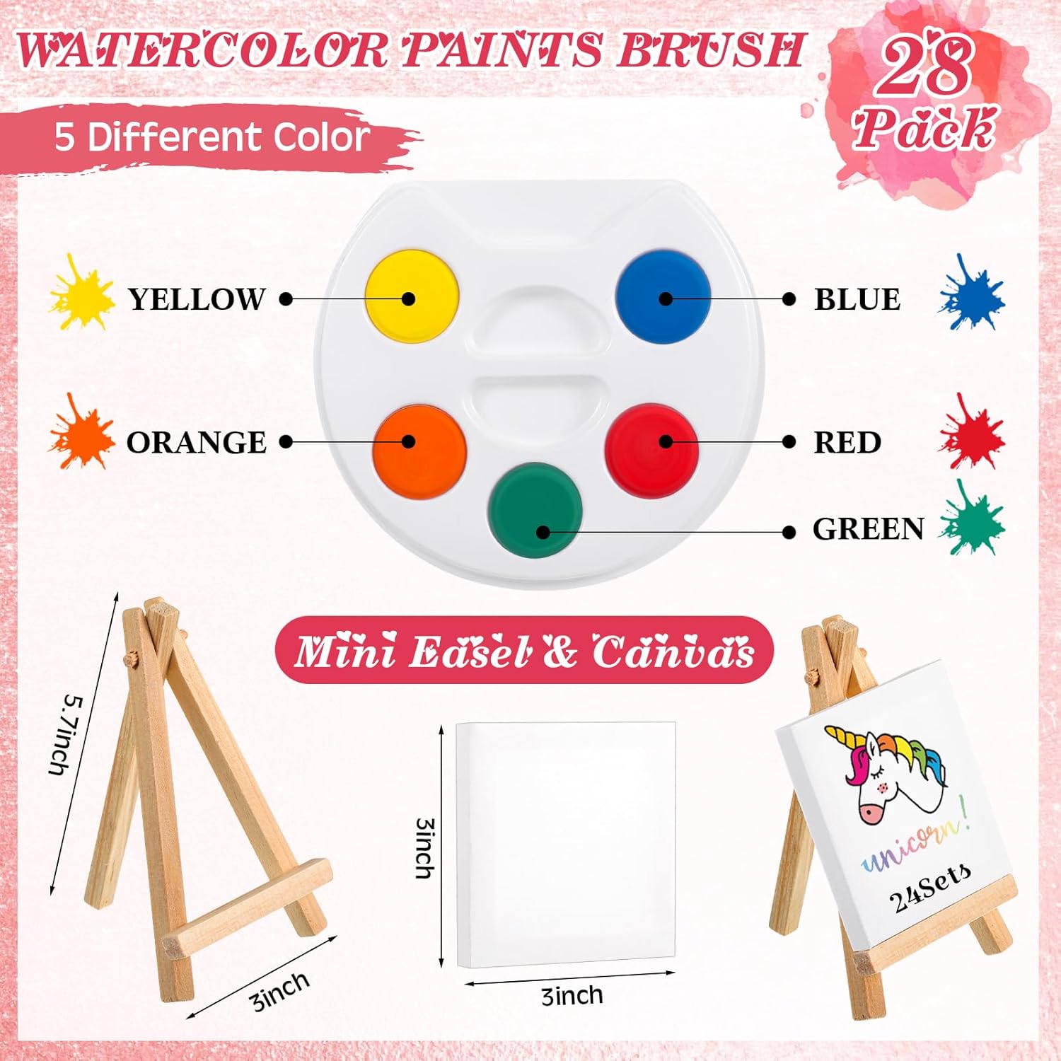 Sabary 28 Sets Valentines Party Favors for Kids Class Valentines Day Gifts Mini Watercolor Paint Set with Easel Valentine Card Painting Canvas Panel Brush for Preschool Classroom Prize Exchange