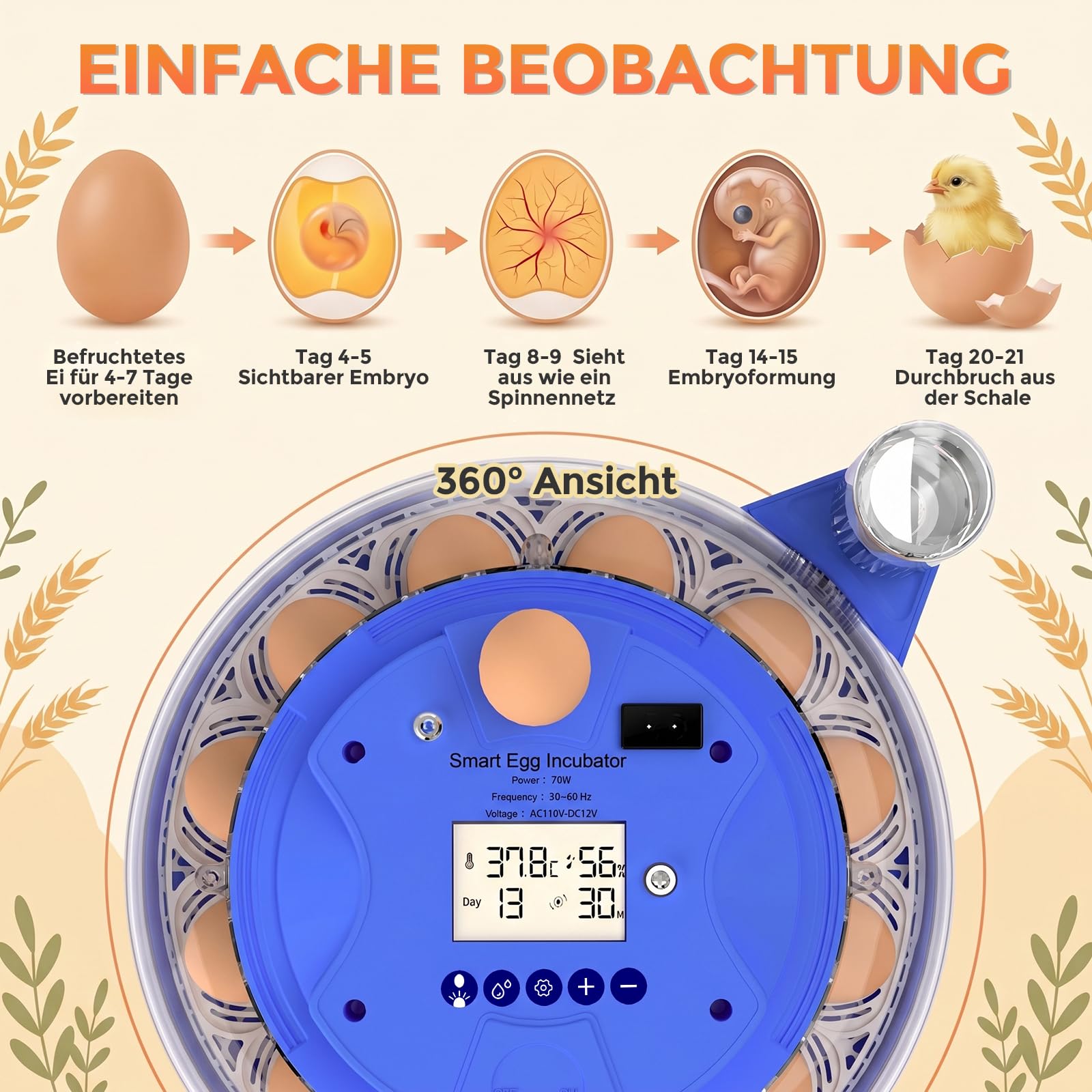 Couveuse Oeuf Automatique,Ambesty Incubateur 18 Oeuf de Poule avec Humidité+Rotation Automatique+Mire-œufs, Contrôle Numérique de la Température pour l'incubation des Poussin et Cailles