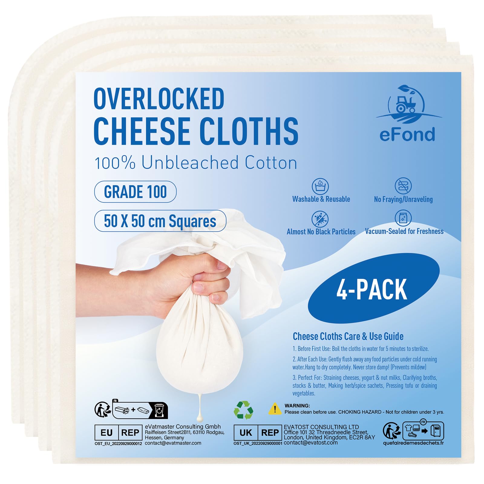 eFond Passiertuch Käsetuch Mulltuch - 4 Stück, 50x50cm Quadrate mit Overlock-Saum - Grade 100 Ultrafeinmaschig zum Abseihen von Butter, Nussmilch, Joghurt - Cheesecloth, Seihtuch für Kochen und Braten