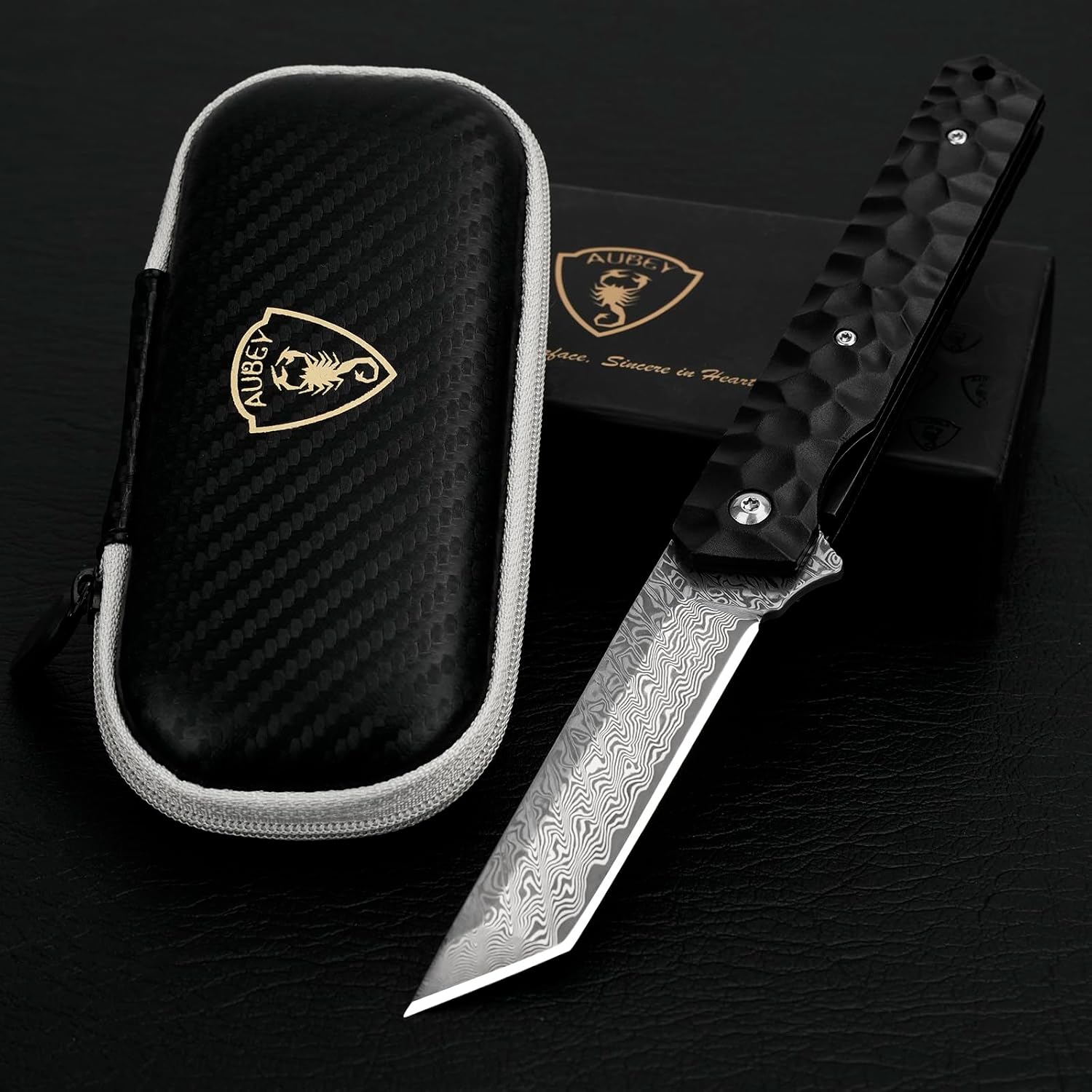 AUBEY Damascus Pocket Knife, Tanto VG10 Core Damascus Steel Folding Knives with Ball Bearing, Aluminum Alloy Non-Slip Handle and Glass Breaker, EDC Damascus Knife for Men Women (Black) C-Aluminum Handle