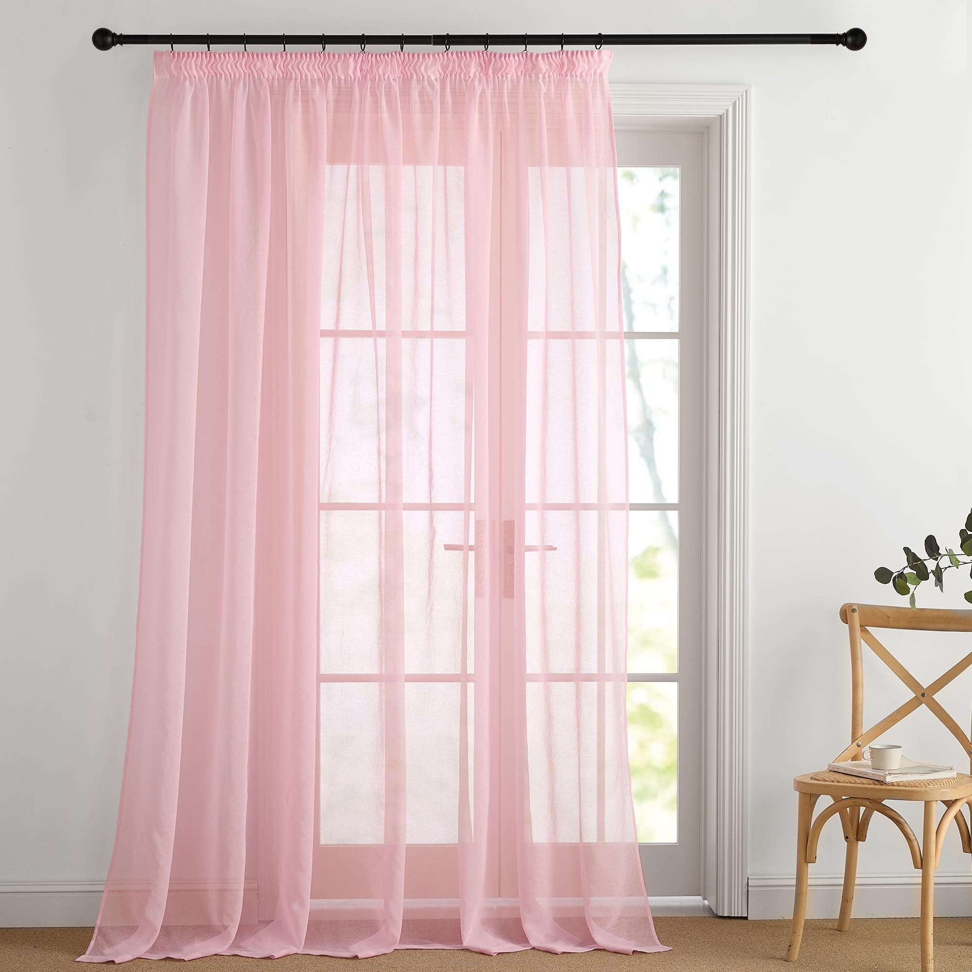 PONY DANCE Rosa Vorhang Kinderzimmer Voile Gardinen Transparent für Schienensystem 1er Set H 245 x B 300 cm Wohnzimmer Vorhänge mit Kräuselband Durchsichtig Extra Breite Gardine Leinenoptik